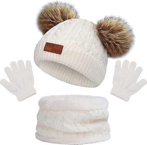 Enfants D’hiver Chaud Bonnet Chapeau Écharpe Gants Ensemble Blanc Thermique Tricot Crochet Épais Moelleux Enfant En Bas Âge Écharpe Double Pom Pom Bobble Hat avec Fausse Fourrure pour Filles B