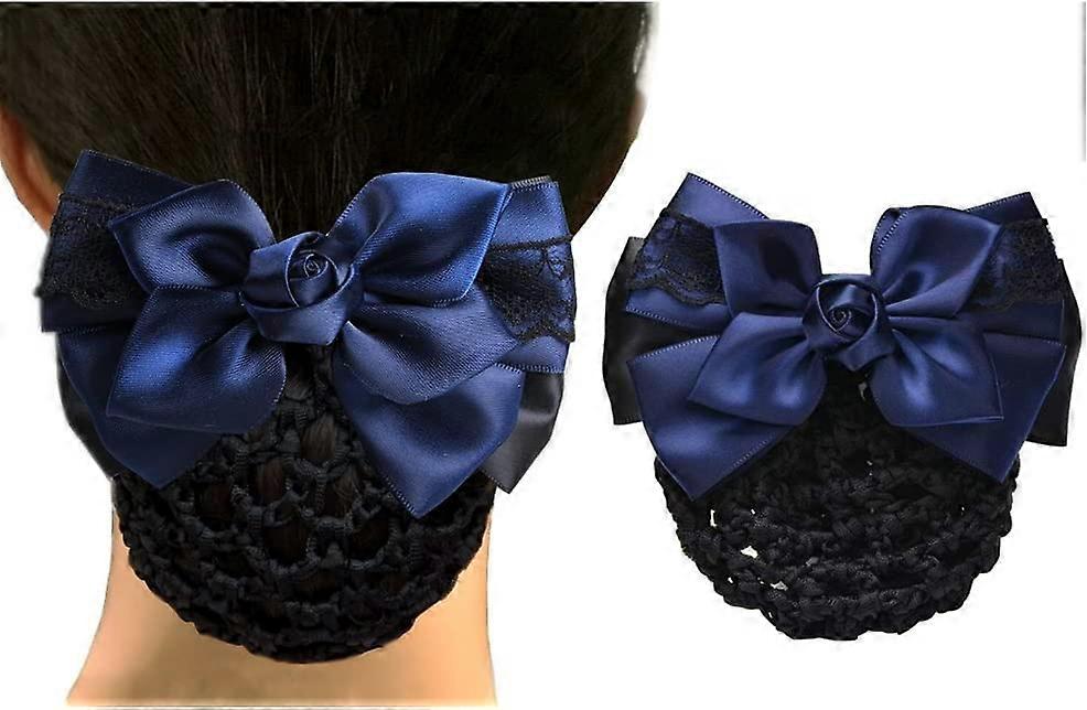 Women's Hair Bun Net with Satin Bow and French Hair Clip Blue