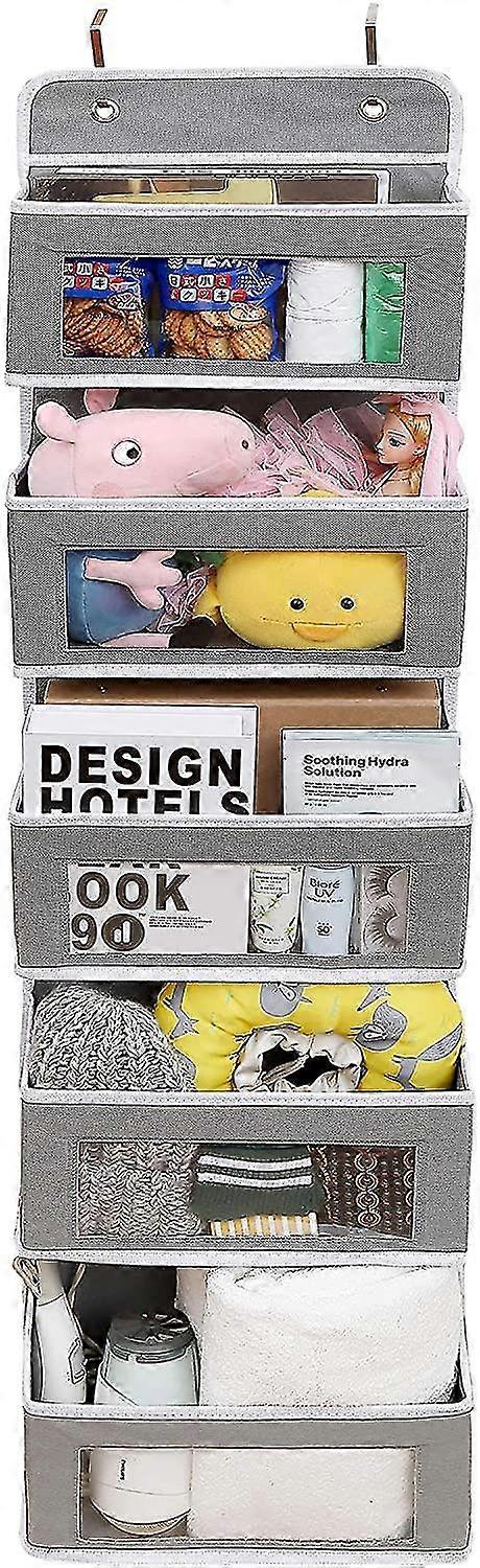 Closet Organizer With 5 Pockets 2 Metal Hooks-grey