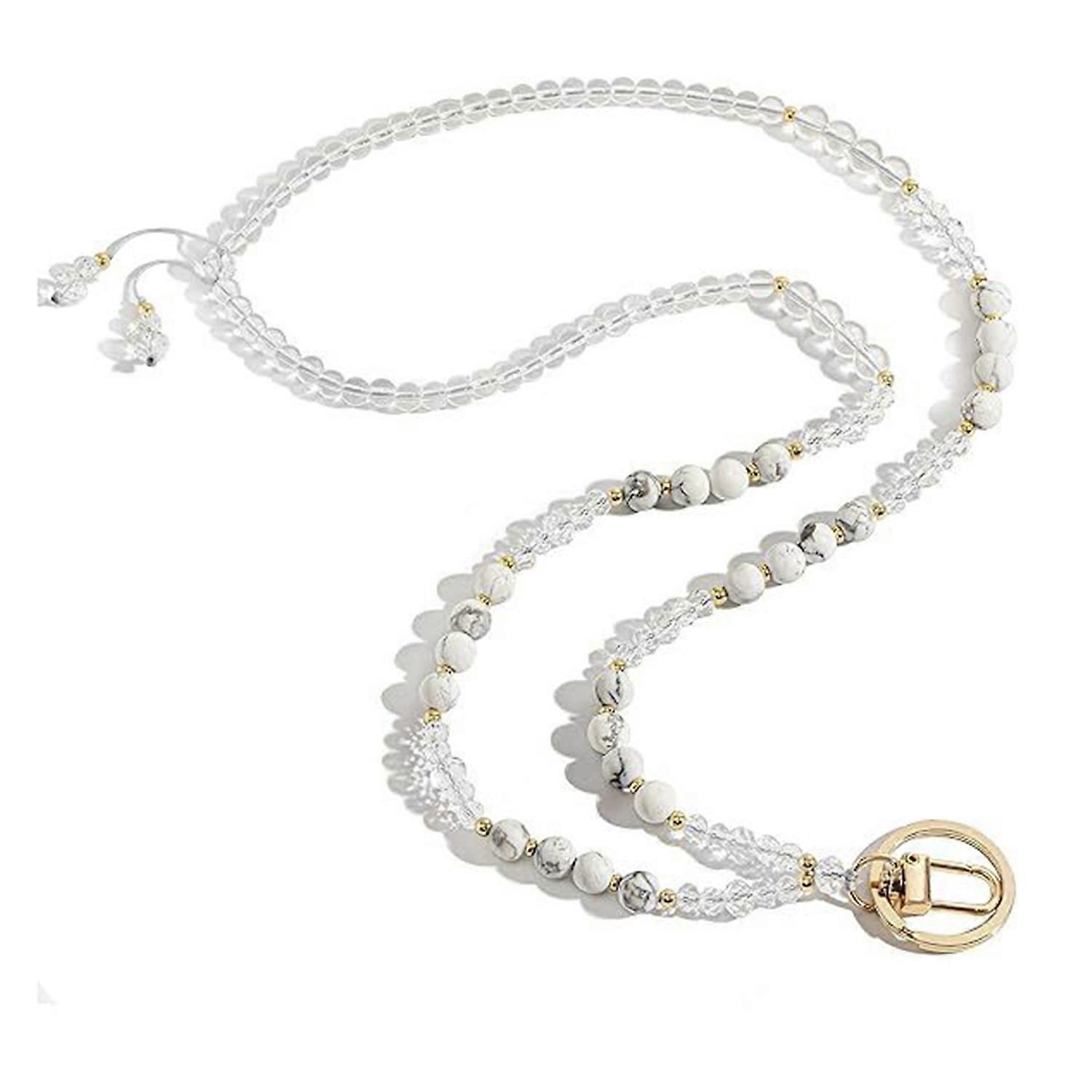 Natural Stone Faux Crystal Card Holder Adjustable ID Lanyard Women Handmade Beaded Badge Holder