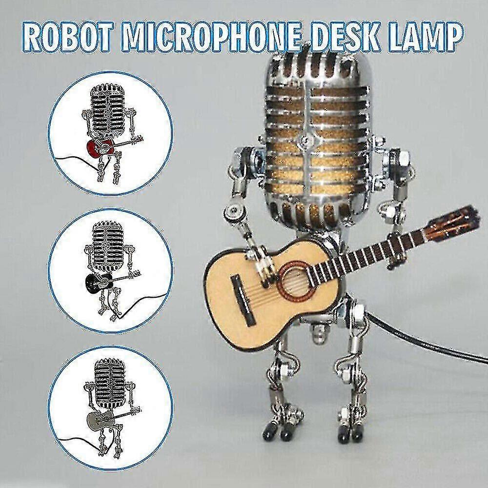 Usb Retro Style Microphone Robot Lamp Holding Guitar With Light Vintage Home Decoration