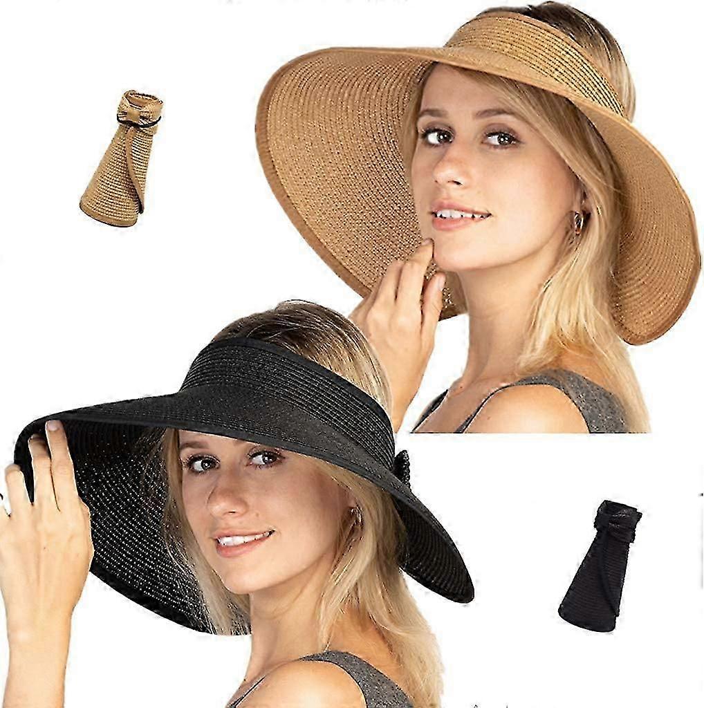 Women's Visor Foldable Straw Hat Adjustable Size Wide Brim Hat (Black+Brown)