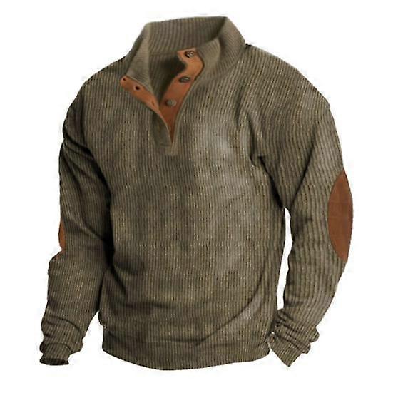Men Autumn Winter Casual Pullover Tops Stand Collar Buttons Half Placket Long Sleeve Patchwork Color Sweatshirt