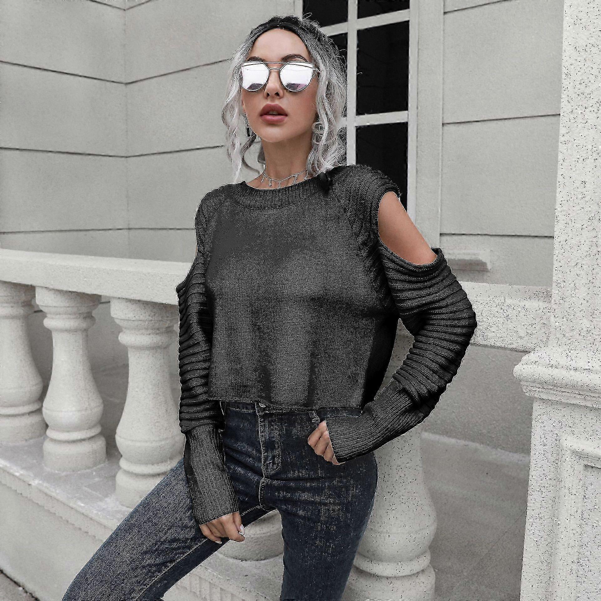 Schulterfreier kurzer Pullover Damen Loose Herbst und Winter Langarmpullover Neuer Pullover