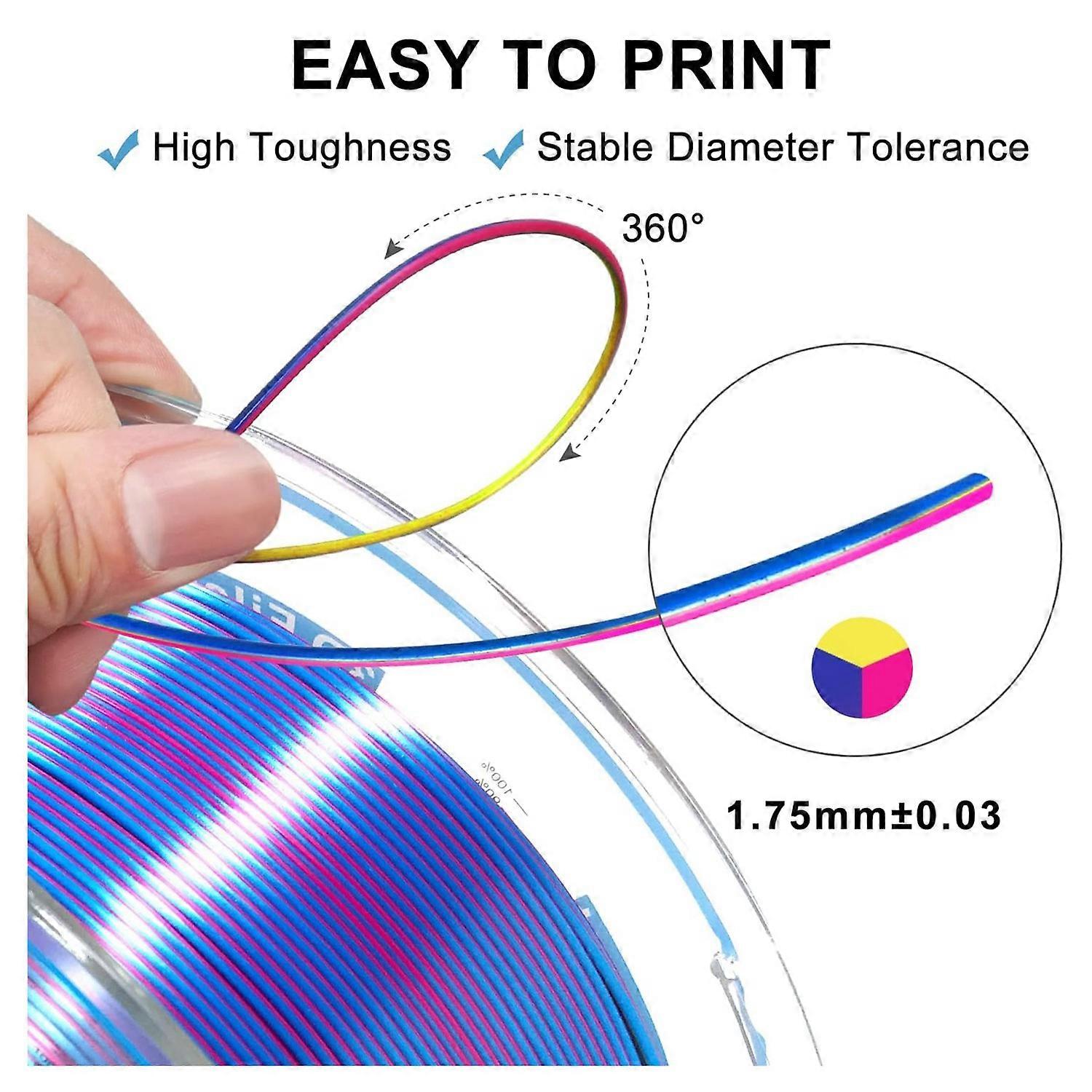 YOUSU Silk PLA Filament for 3D Printer 1.75mm Dimensional Triple Color Coextrusion Filaments Accurac