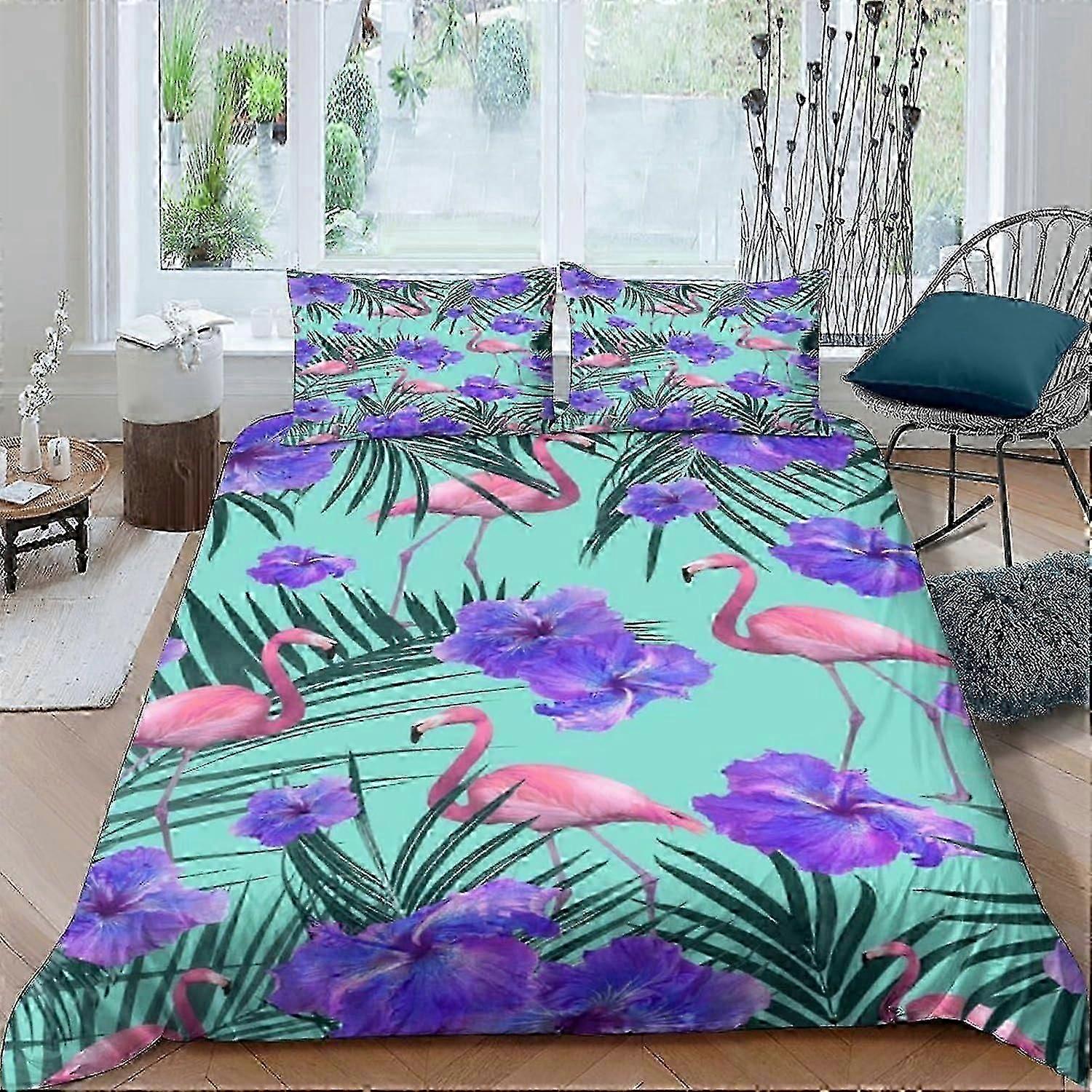 J3707 Lençóis Flamingos 3 Peças Conjunto de Cama de Capa de Edredom para Meninos Meninas Decoração de Quarto de Criança Impressão 3D Capa de Edredom de Microfibra Macia com Folhas de Palmeira w