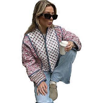 Women's Winter Long Sleeve Open Front Puffer Jacket Printed Short Down Coats Outerwear Casual Loose Warm Quilted Jackets  Color XL