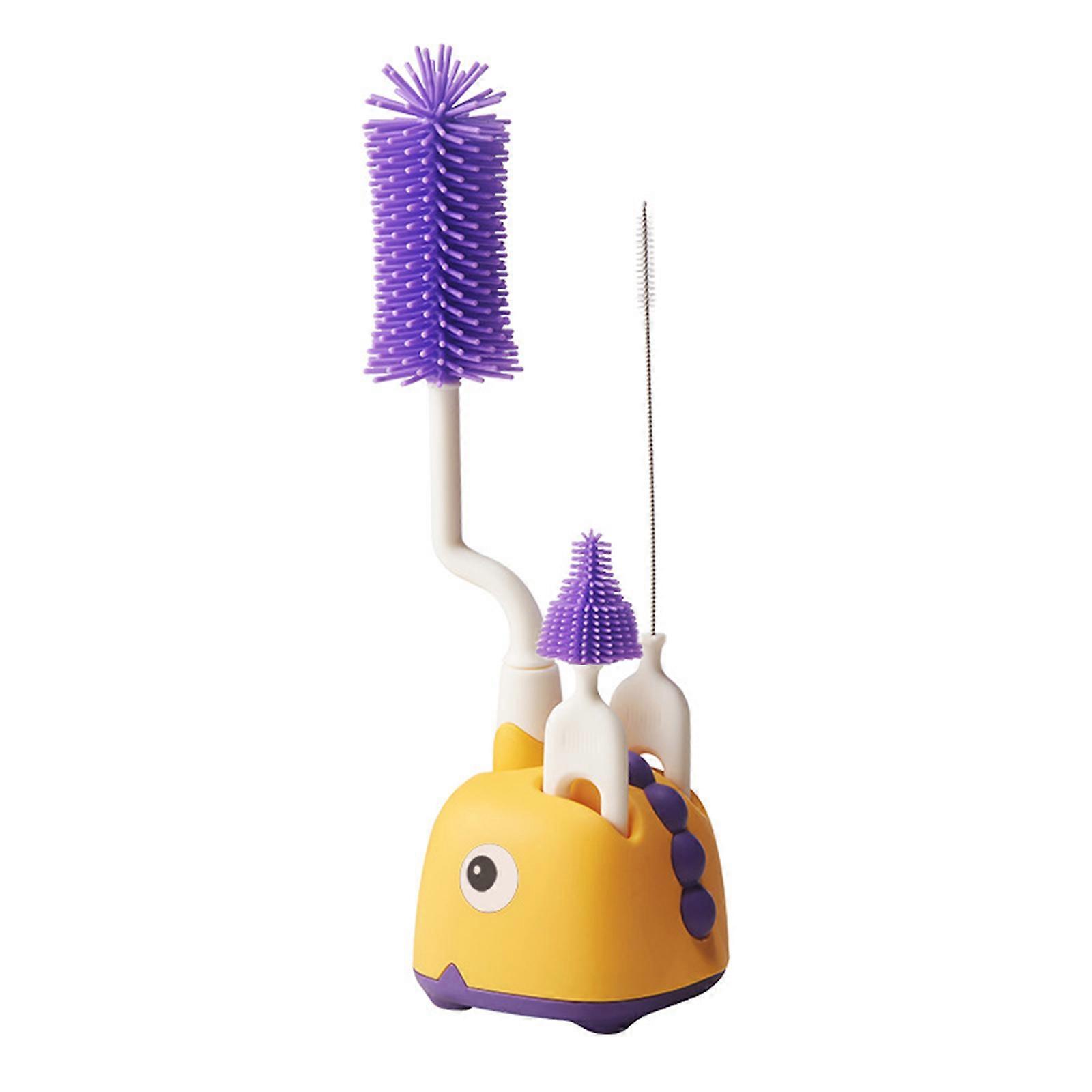 Silicone Bottle Brush Set with Stand 360° Rotating Silicone Bottle Cleaning Brush Cleaner Set Long Handle 3-in-1 Durable Mango Yellow