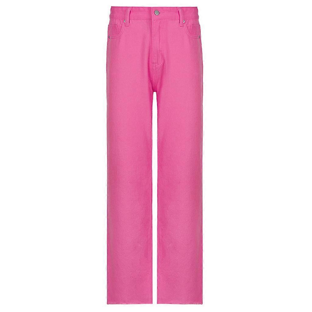 نسائي عالي الخصر جينز مشرق لون الصلبة كامل طول بنطلون الدنيم بنطلون فضفاض L وردي