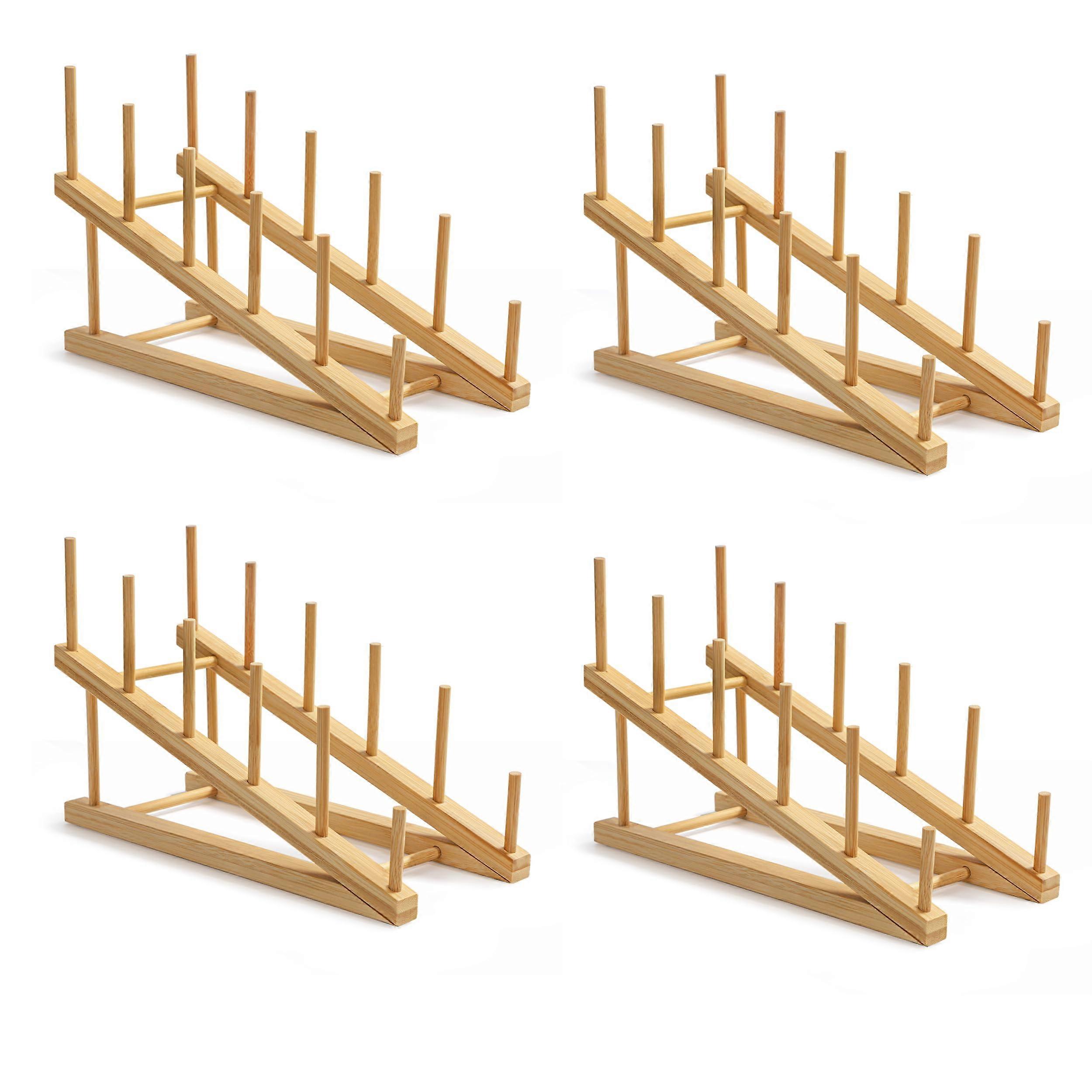 Bamboo Wooden Dish Drying Rack Set of 4 for Kitchen Counter and Office Use, Eco-Friendly and Space-Saving Design