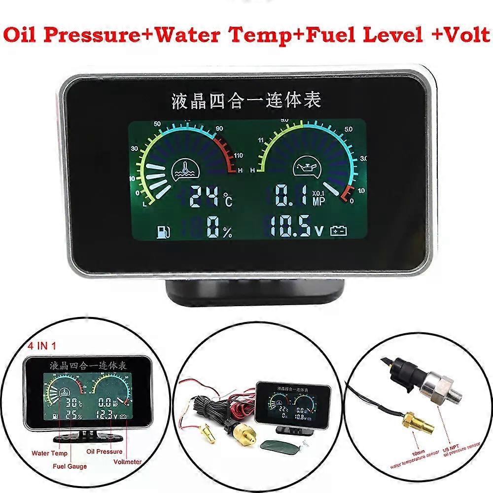 2 In 1 / 3 In 1 / 4 In 1 LCD Digital Öldruckmesser Voltmeter Kraftstoffstandmesser 1/8 NPT Ölpressensensor + Wassertemperatursensor