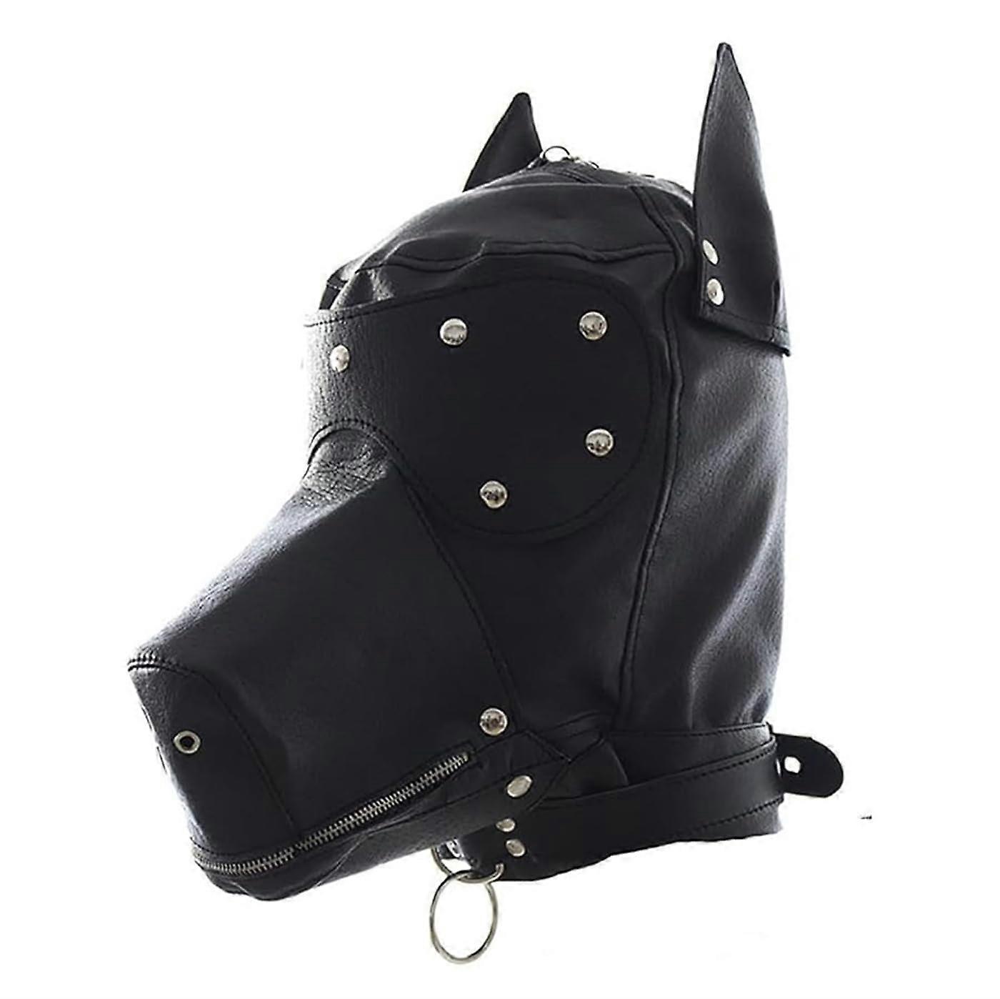 Soft Leather Head Masks with Zipper Mouth, Punk Rivet Hood Cosplay Costume Accessory, Adjustable Size, Black Color