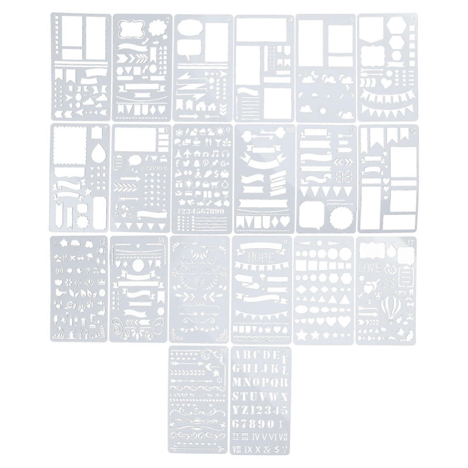 20 Pcs Bullet Diary Journal Stencils Set Drawing Template Ruler DIY Painting Template Geometric Hollow Out Scrapbooking Embossing Album Decorative
