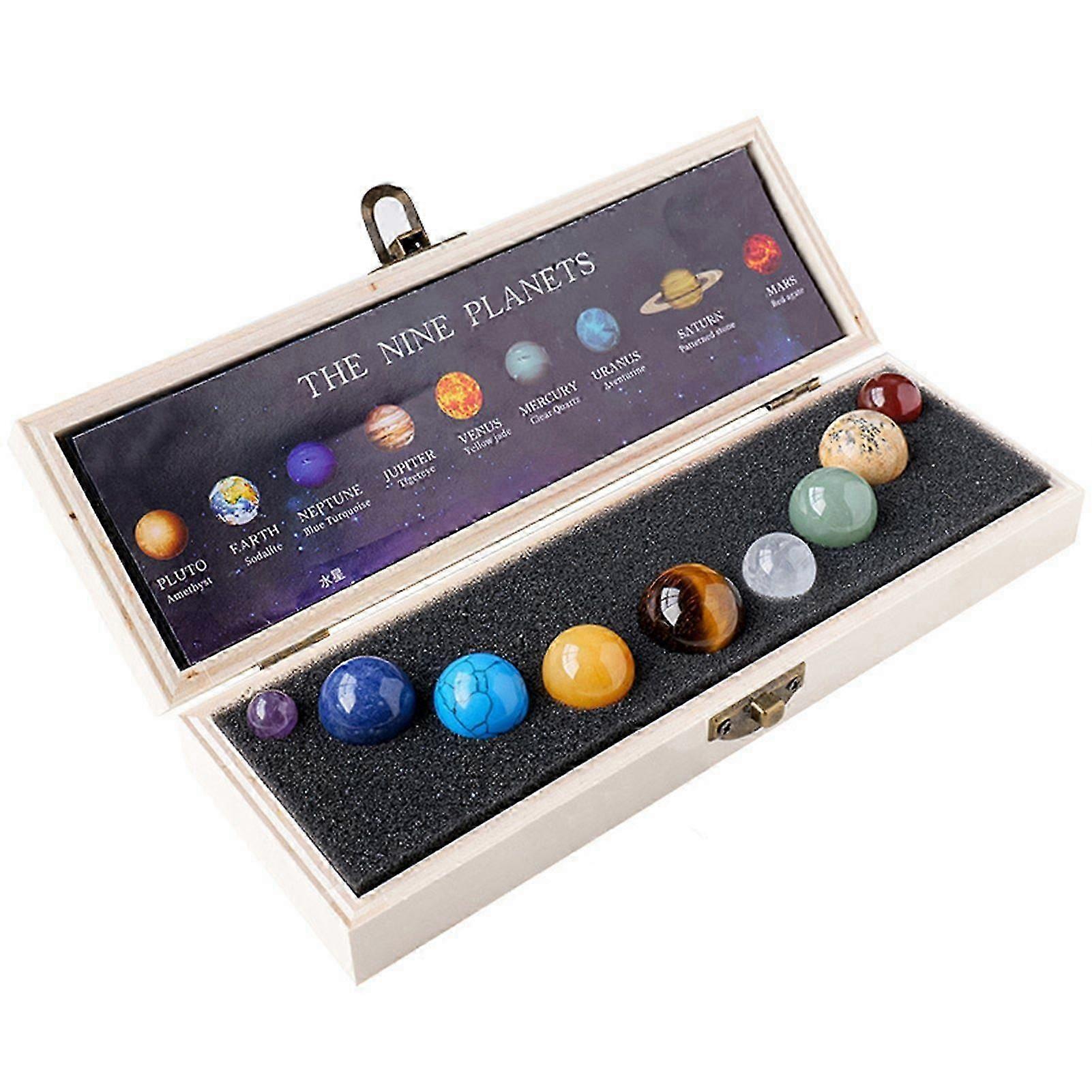 Faux Crystal 9 Planets Ball Solar Sun System Rock with Wooden Box Realistic Looking Quartz Stones Beads Desktop Decoration