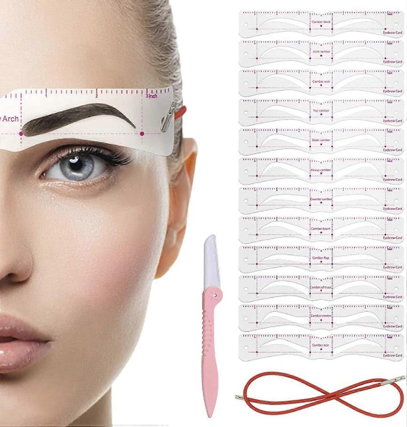 12 Pieces Reusable Eyebrow Shaper Templates Stencils with 1 Band and 1 Eyebrow Razor Trimmer