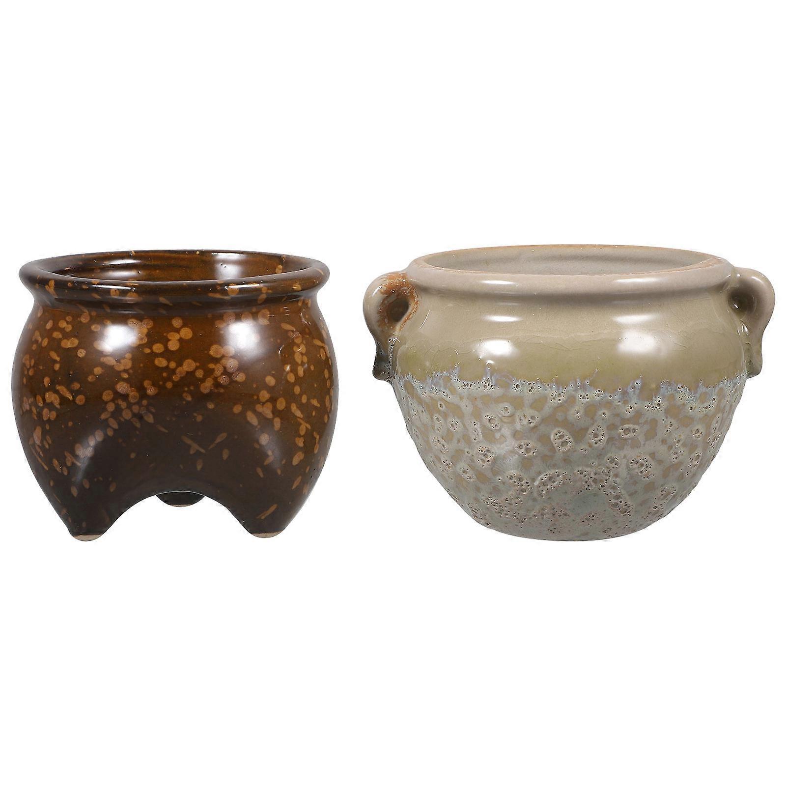 Assorted Color Ceramic Bonsai Pots for Garden with Design 2 Pcs Small Flowerpots