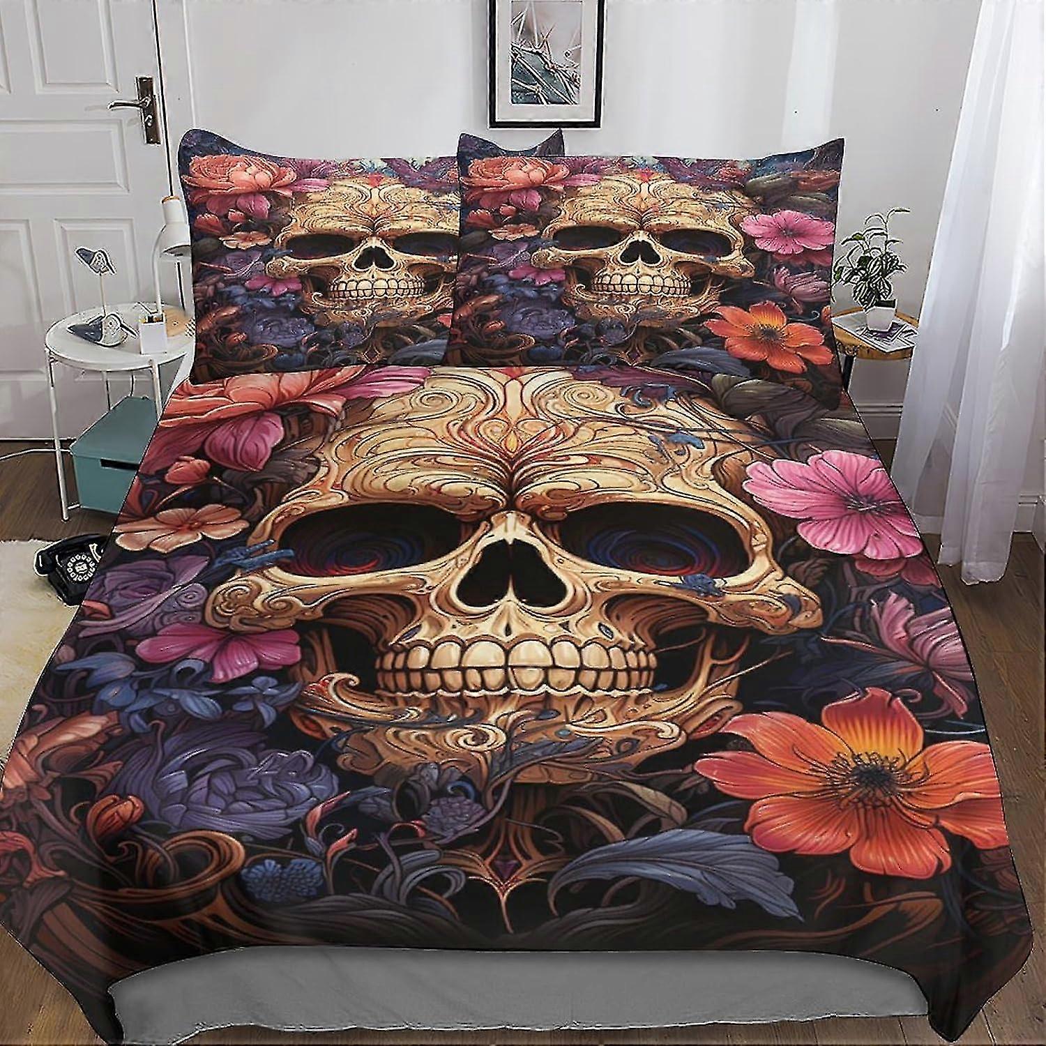 Skull Flowers Bedding Set with Zipper Closure for Teens and Adults, Durable Microfiber Quilt Cover
