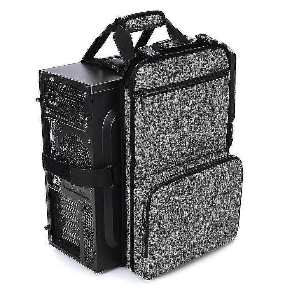 Desktop Computer Case with Pockets for Keyboard, Cable, and Headphone Transport