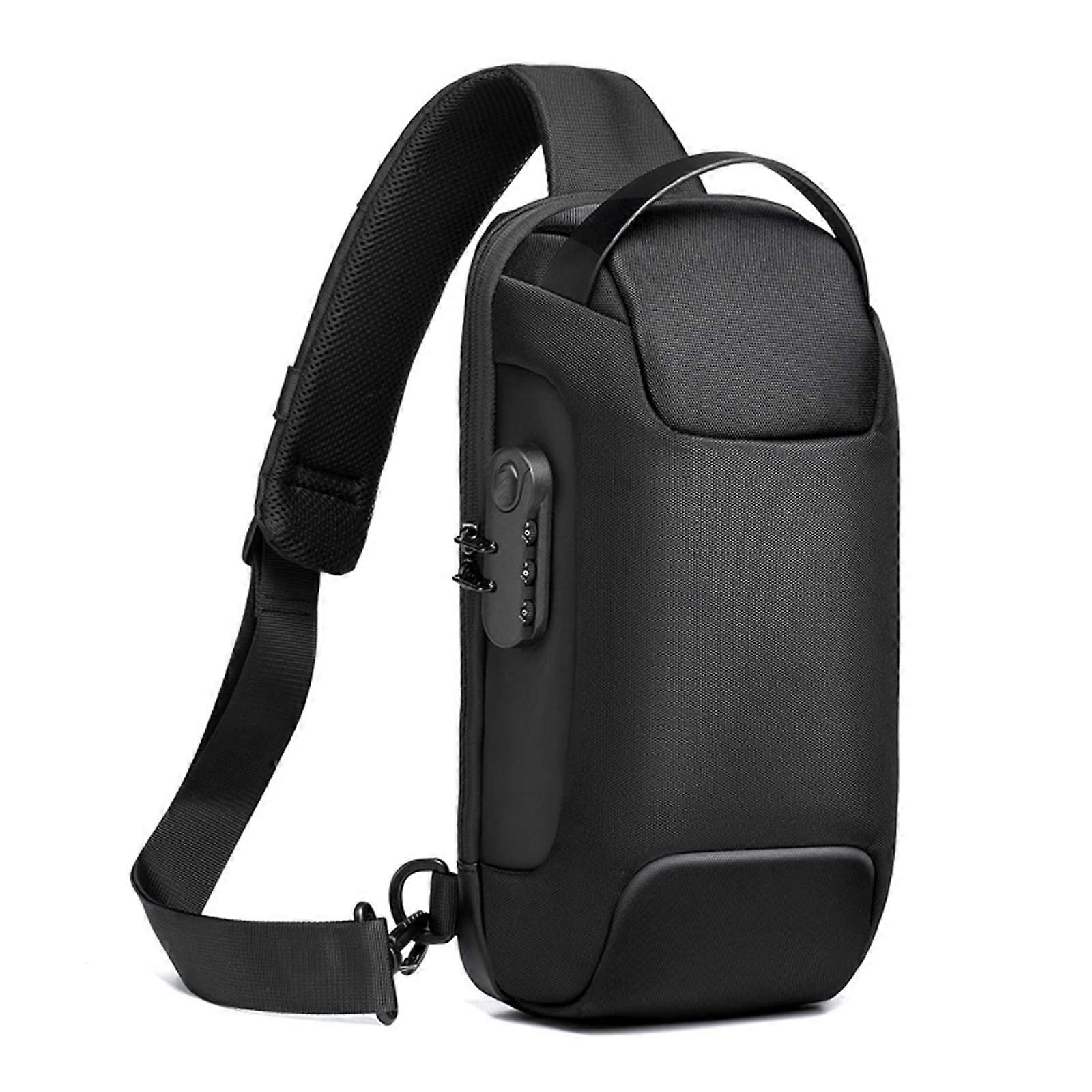 Chest Bag AntiTheft Sling Bag with USB Charging Port Multiple Pockets Polyester Black