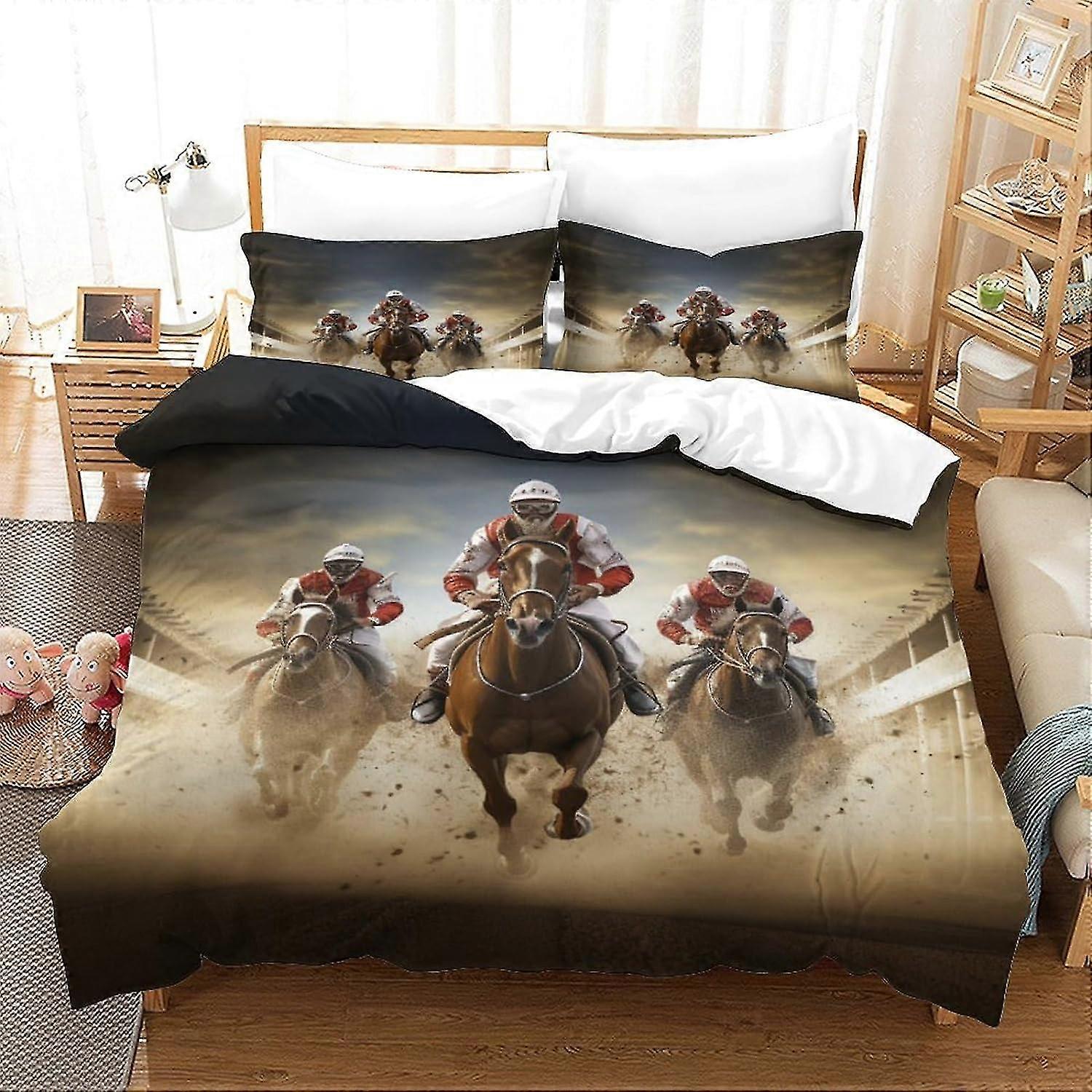 3 Pieces Horse Racing Style Bedding Set with Pillowcases Duvet Cover with Zipper Closure Soft Microfiber Quilt Double Size