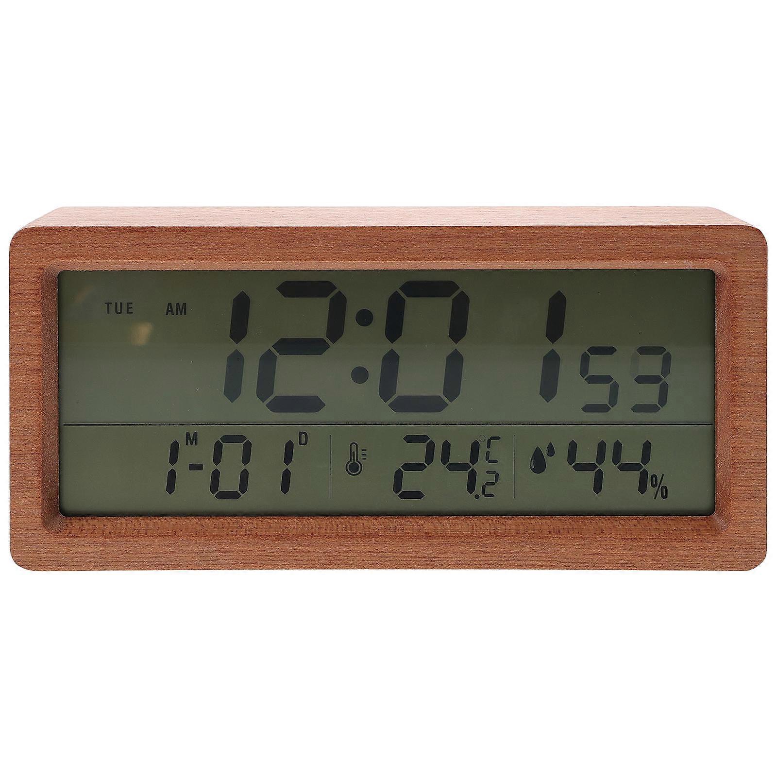 Brown Wooden Electronic Alarm Clock for Home Use with Temperature and Humidity Display, Synthetic Material, Compact Design
