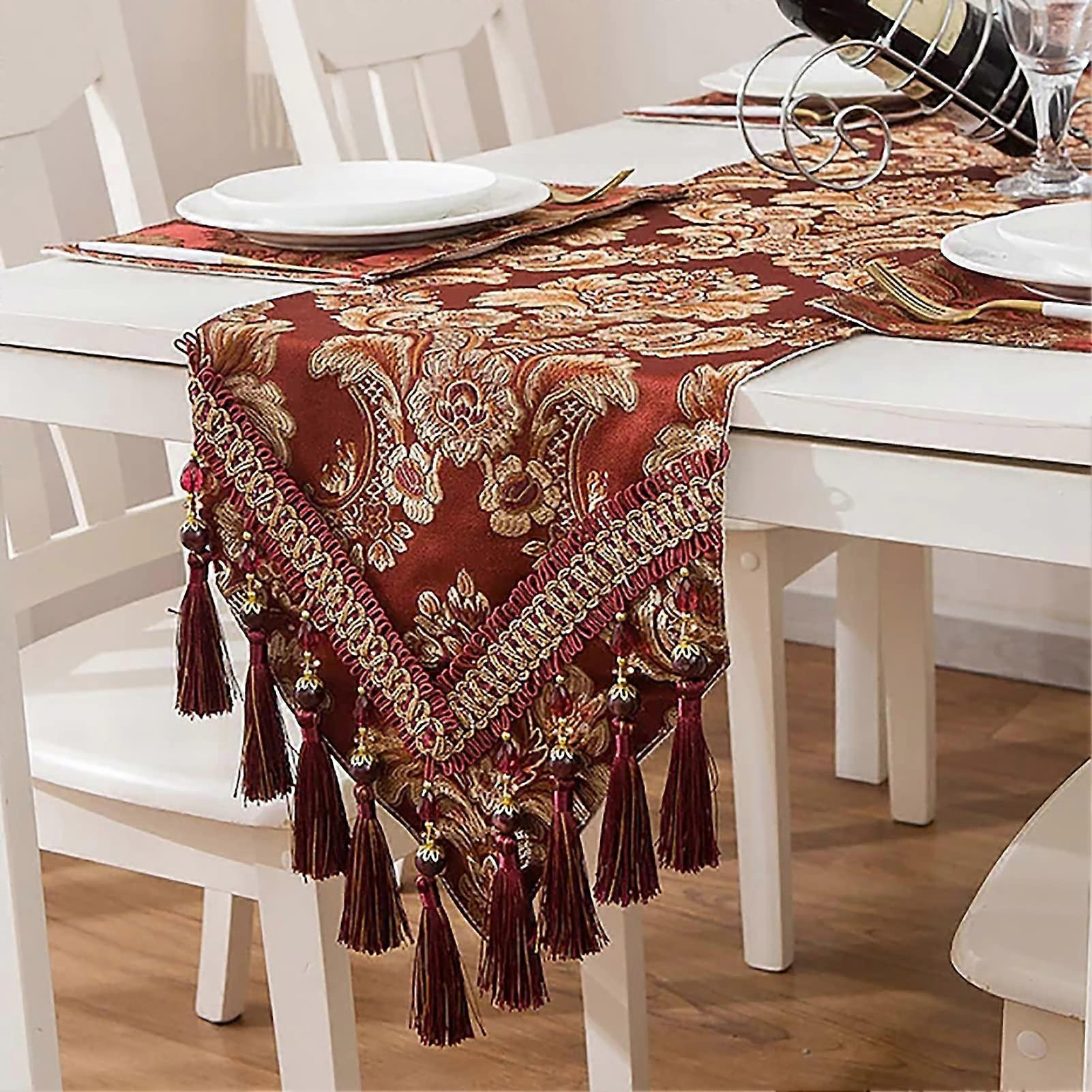 The flag of the table, 33 x 180 cm, embroidered rectangular, modern fashion fabric, damask rectangular with handmade multitassels.