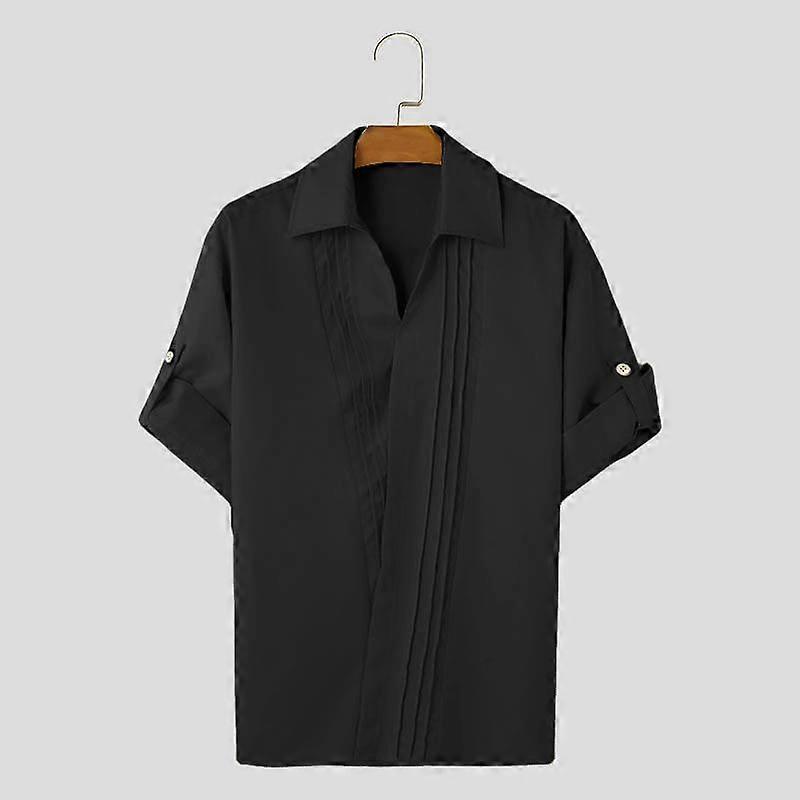 INCERUN Men Short Sleeve Pleated Shirts Casual Front Cross Solid Tops