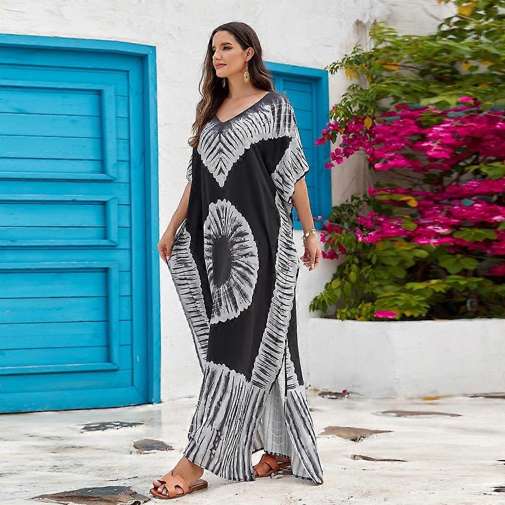 Women's Beach Cover Up Printed V Neck Long Holiday Beach Dress Plus Size Bikini Cover-Ups