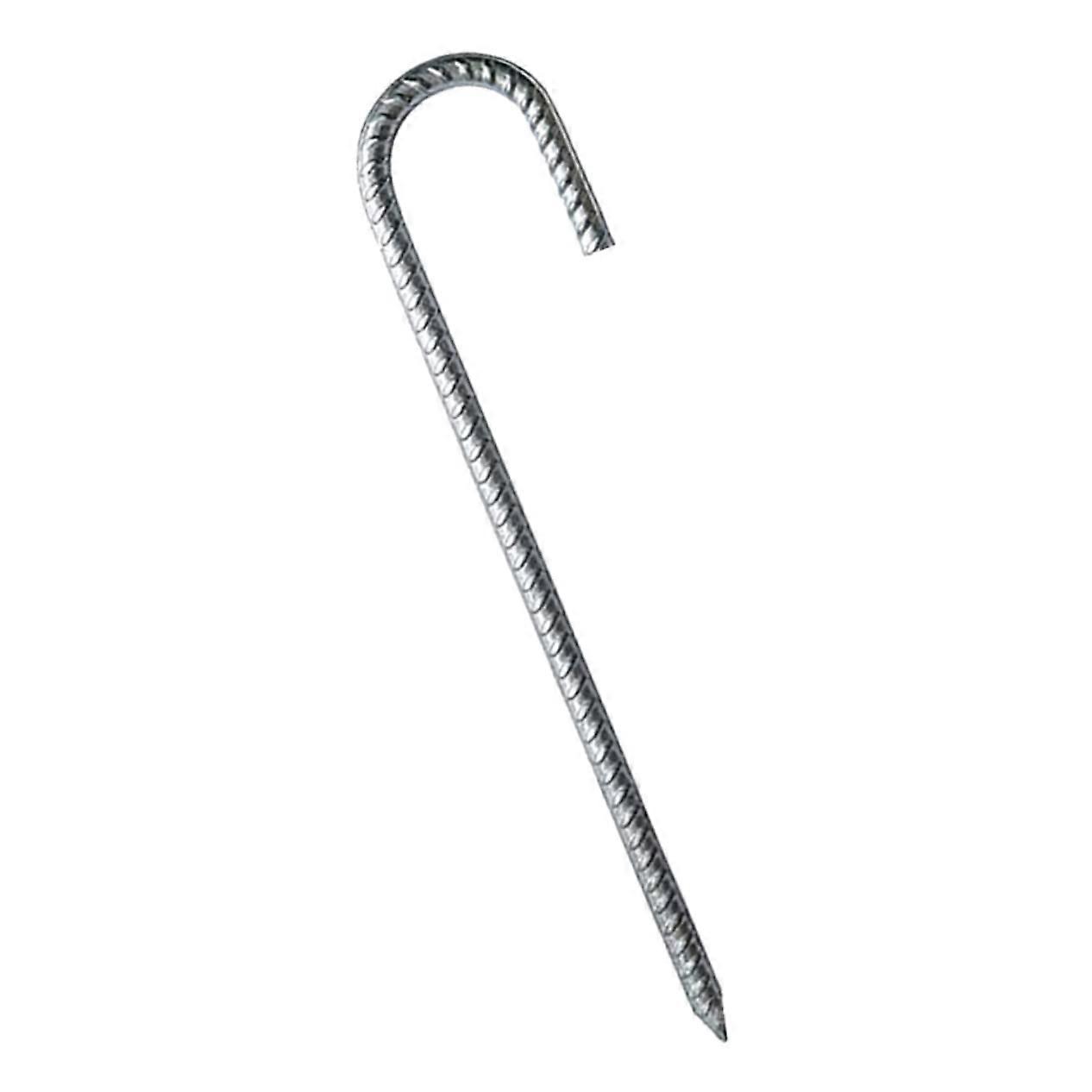 Heavyduty metal ground anchors for trampolines, tents, and swings, sturdy Jshaped pegs made of galvanized steel for wind stability and garden use.