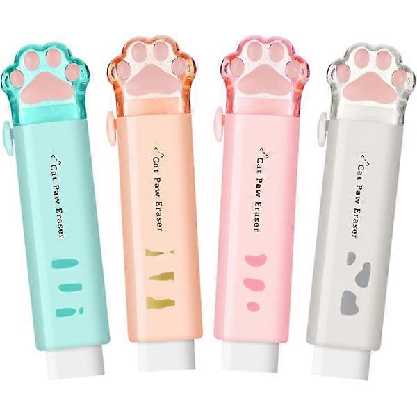 Four retractable cat claw erasers, press and pull cute cat design.