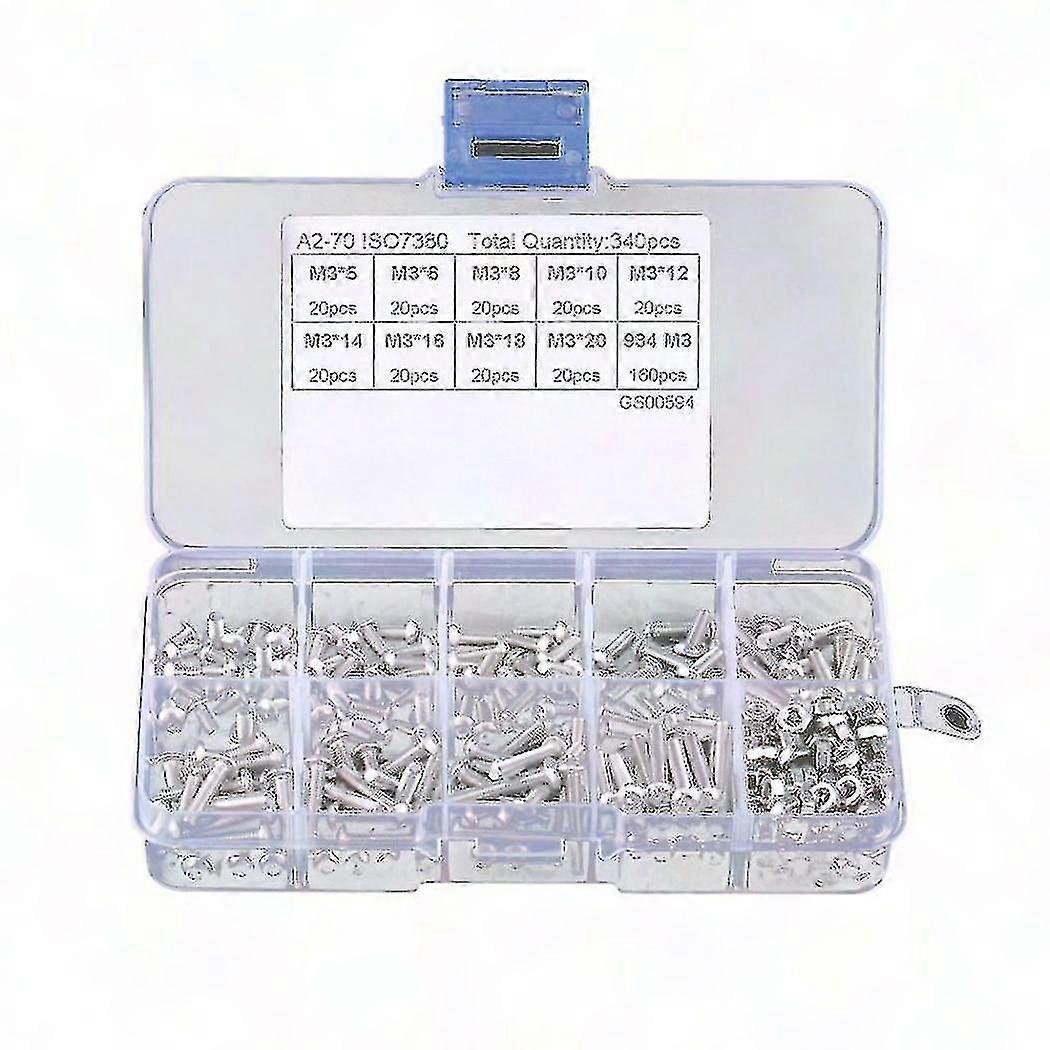340pcs M3 Hex Socket Screw Nut Stainless Steel Assortment Kit Fastener Set