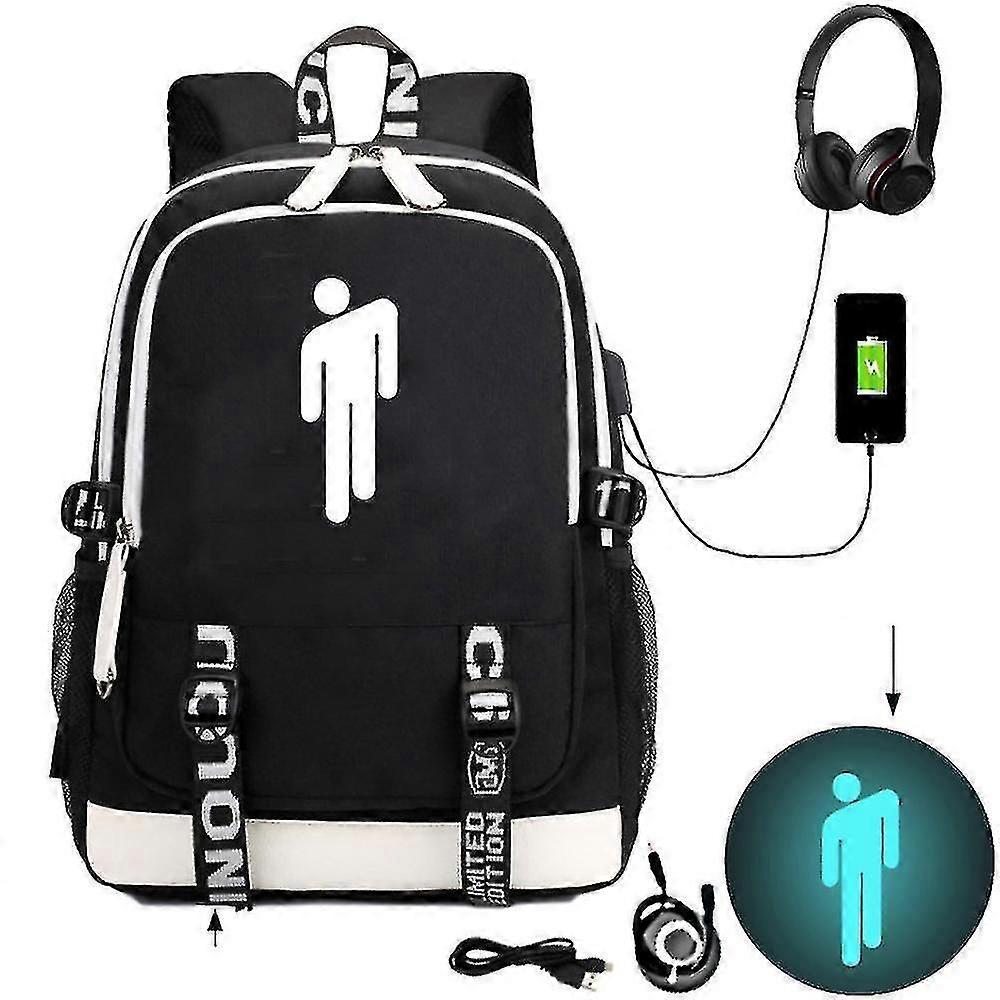 Billie Eilish Pattern Usb wiederaufladbarer Rucksack Studententasche für den Außenbereich