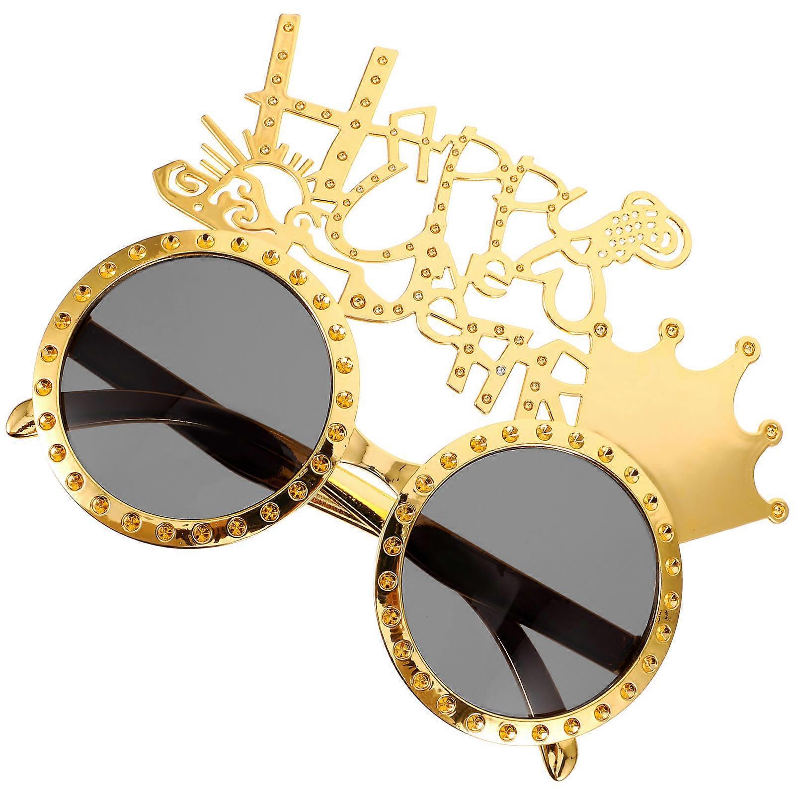 Golden Happy New Year Glasses with Crown Decor for Party Celebration and Photo Props ABS Material