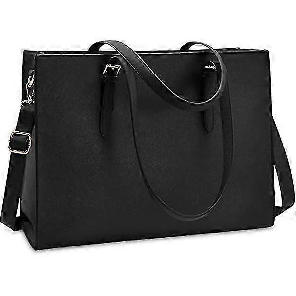 女性用ラップトップバッグ、防水、軽量、レザー、15.6インチ、ハンドバッグ、ビジネスバッグ、オフィスバッグ、ワークバッグ、ブラック