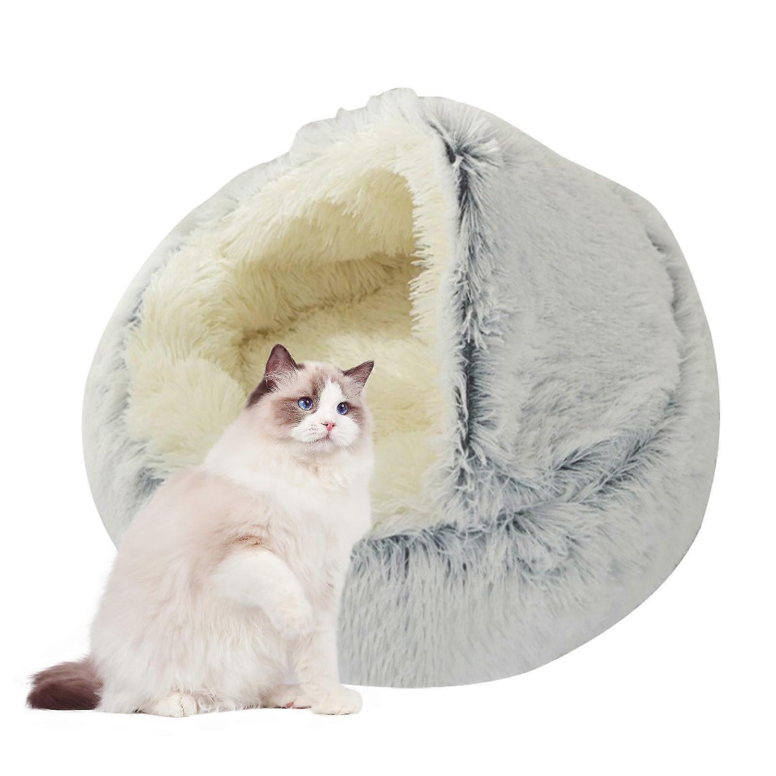 Doughnut Dog Bed Medium Size Round HalfEnclosed Plush Cave Bed With Washable Removable Hood Gray 37x31x31 cm