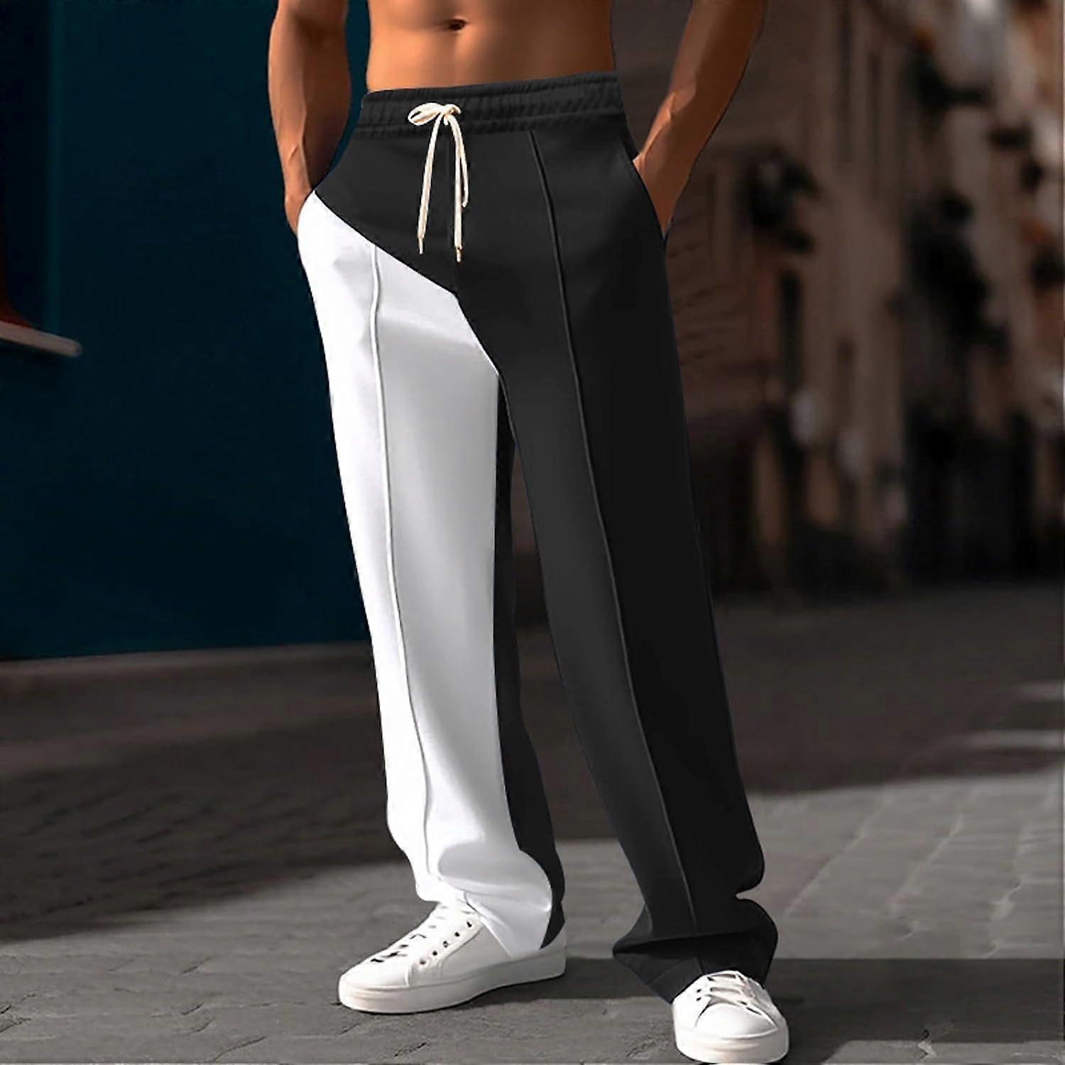 Jogging Bottoms For Men Size M Black Color Block Straight Cut Sweatpants For Casual Training Outdoor Summer Lightweight Trousers