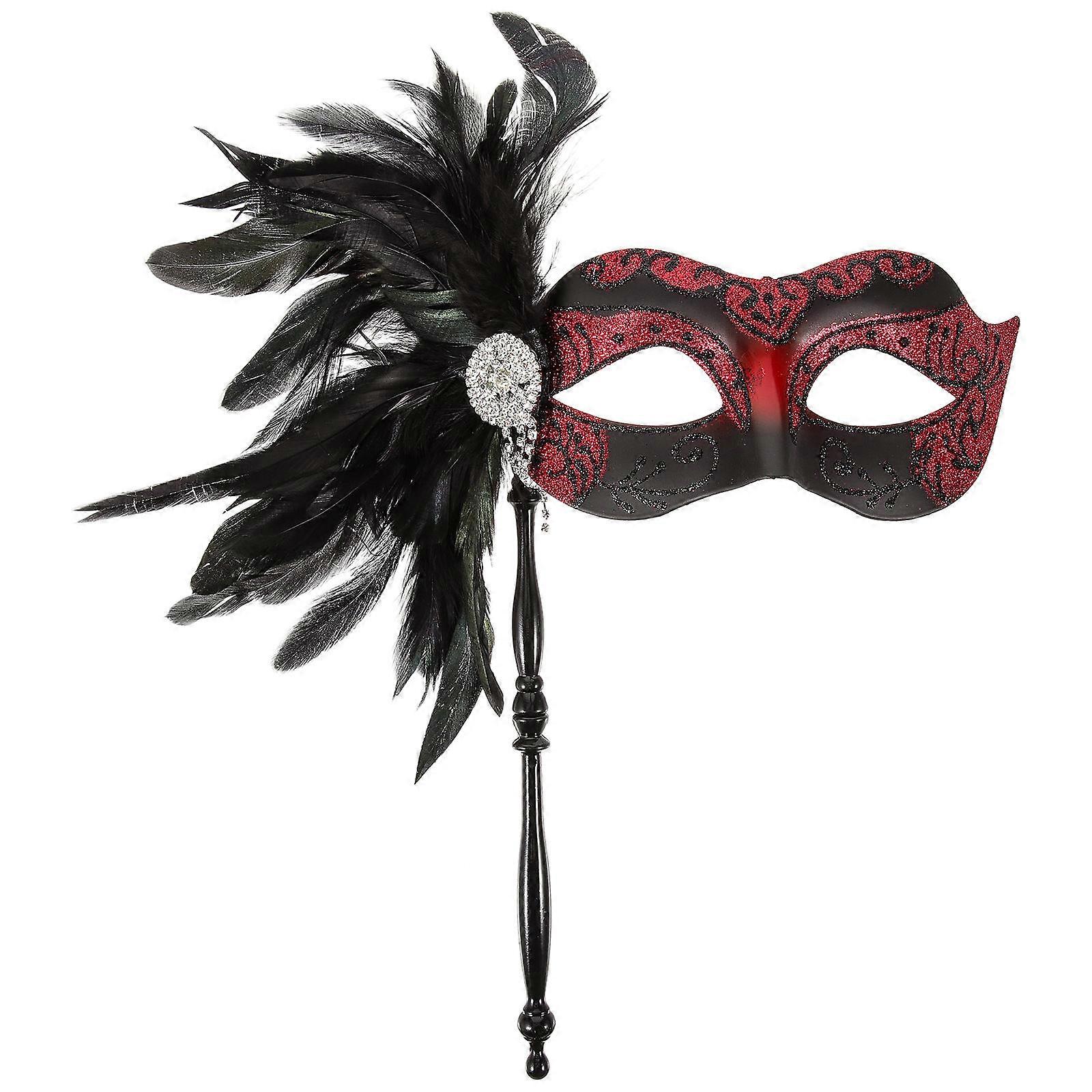 Half Face Mask Masquerade Mask for Party Handheld Red Artificial Plume Design