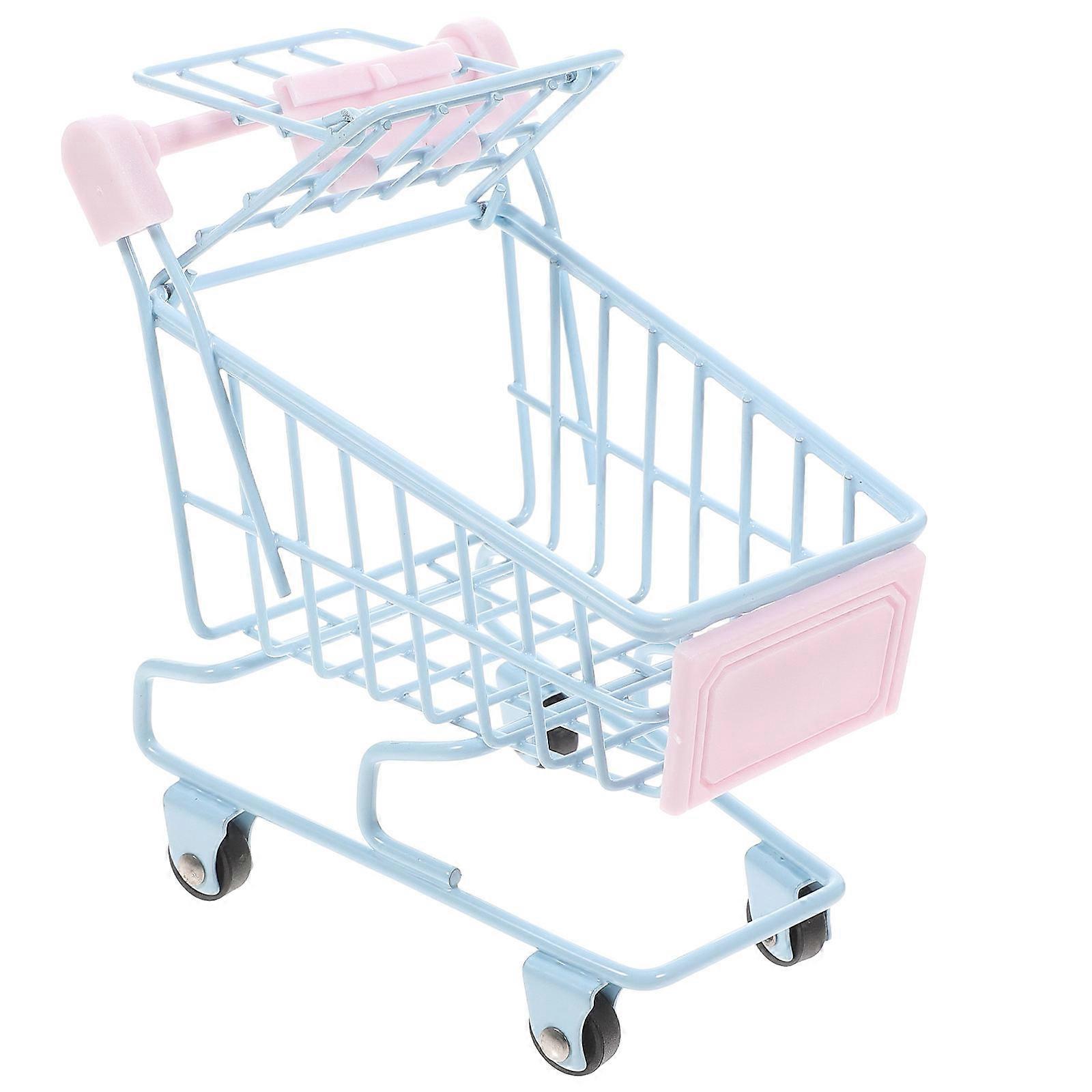 Mini Shopping Cart Small Trolley Toy Desktop Organizer Sky Blue Iron Alloy Material for Storage 1Pack