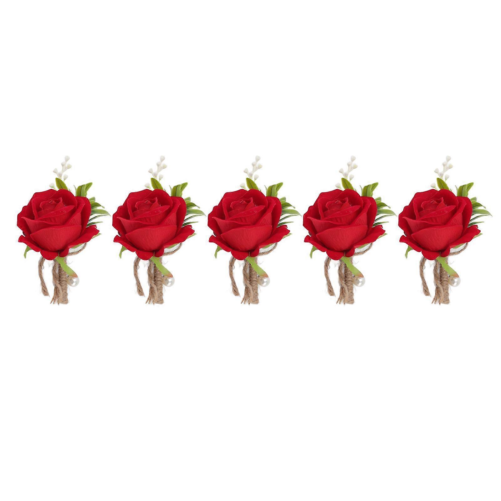 5PCS Wedding Boutonniere Pin Fixed Plastic Artificial Flower Corsage for Bride and Groom Red