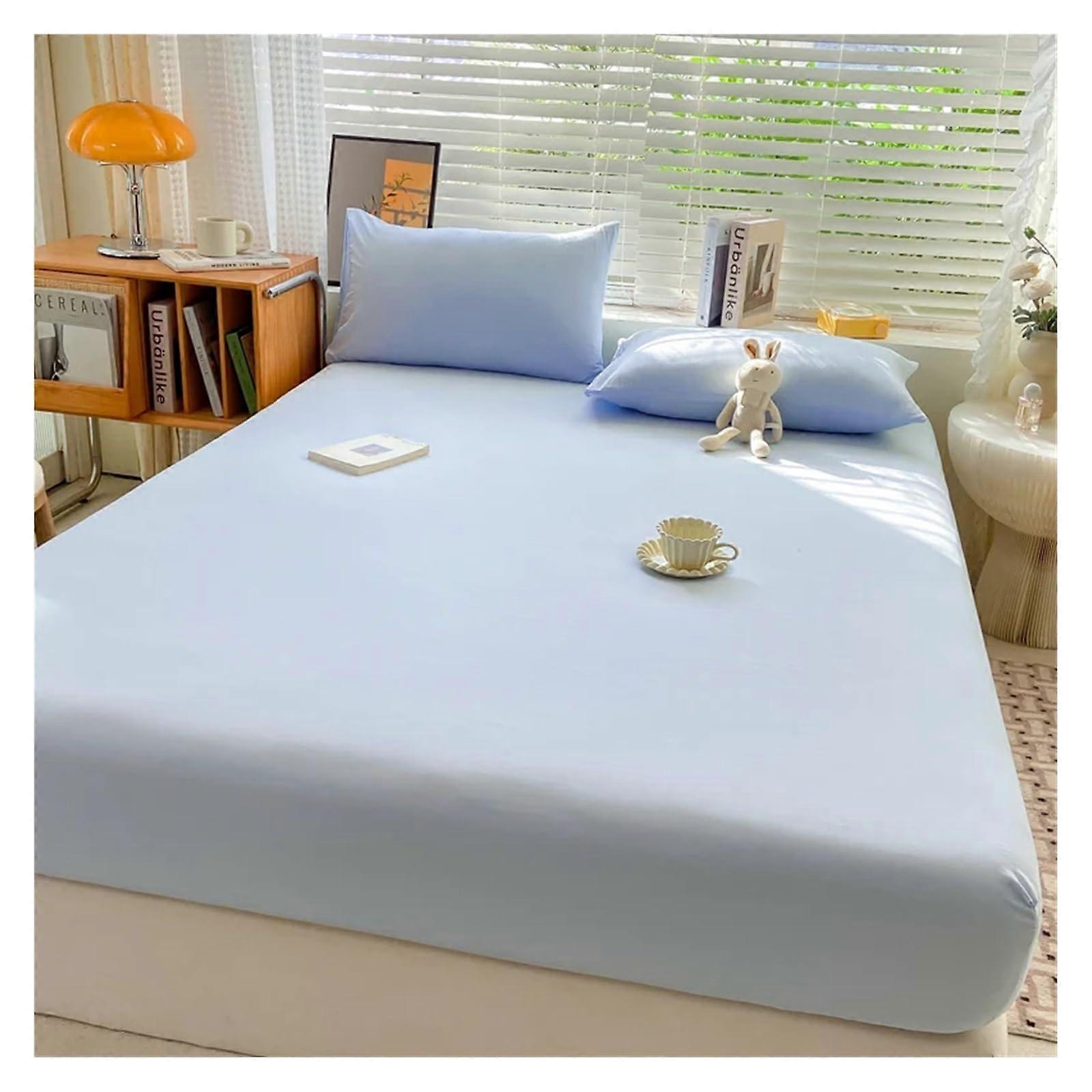 3 Pieces Soft Cotton Fitted Sheet With Elastic Bands NonSlip Solid Color Bedsheet 160x200x30cm Young Blue