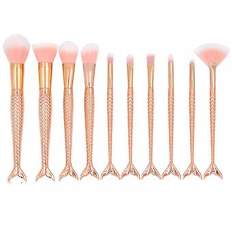 Veeki 10Pcs  Bright Mermaid Tail Handle Makeup Brushes, Purple Blush Brush Eyeshadow Brush Makeup Brush Set Makeup Tools