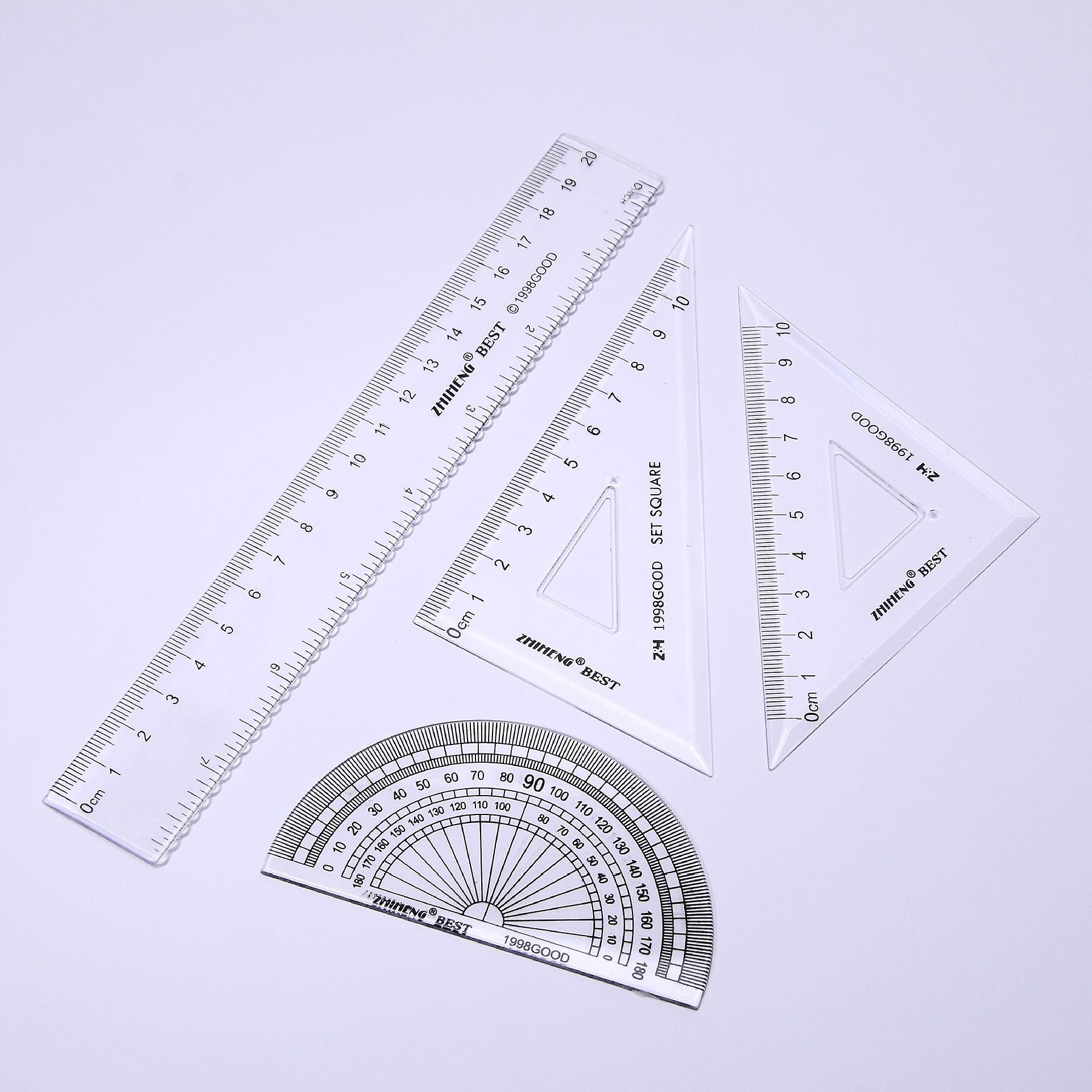 4 Pieces Math Geometry Tool Plastic Clear Ruler Sets, Protractor, Triangle