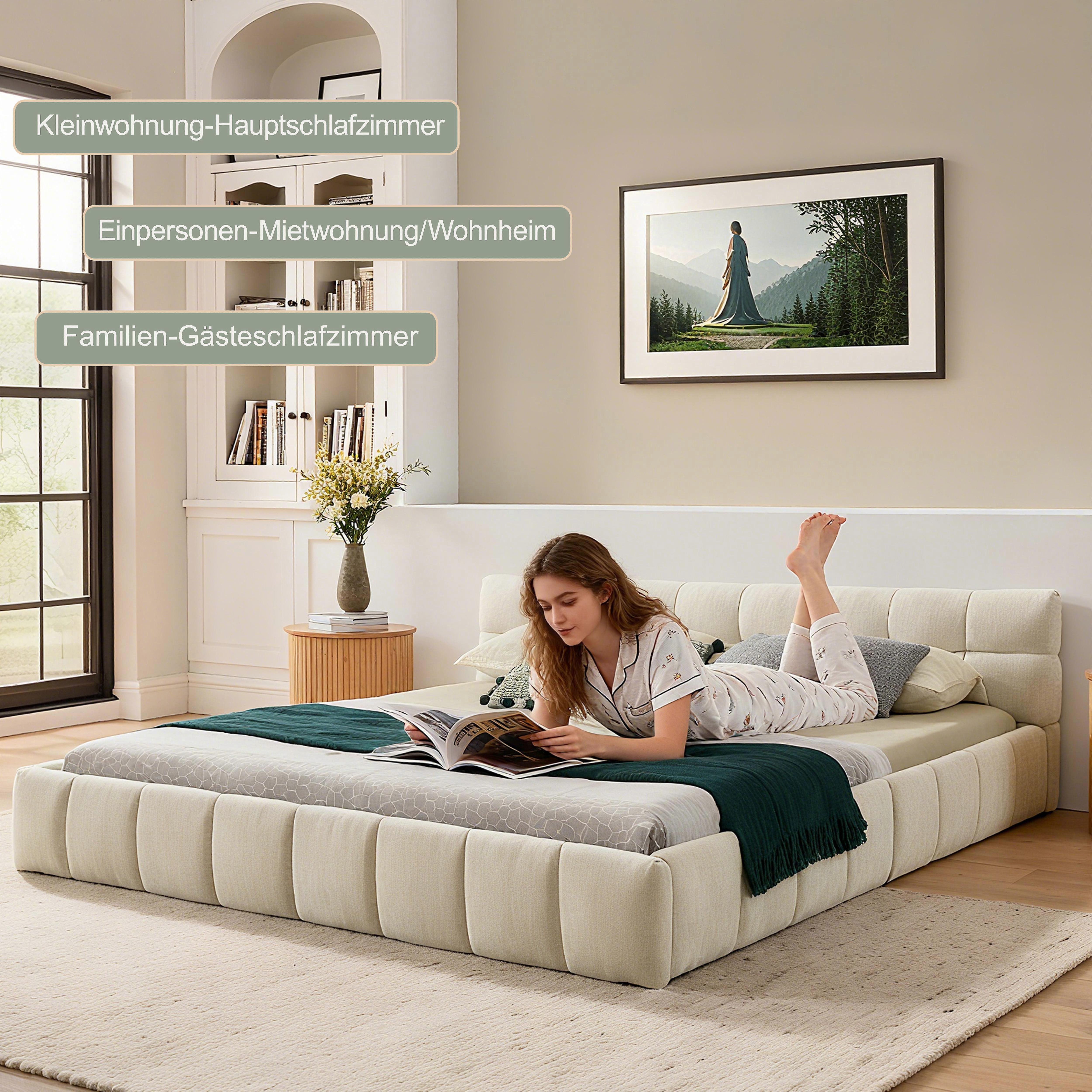 Double Bed 140x200cm Soft Chenille Quilted Design Eucalyptus Iron Frame Beige