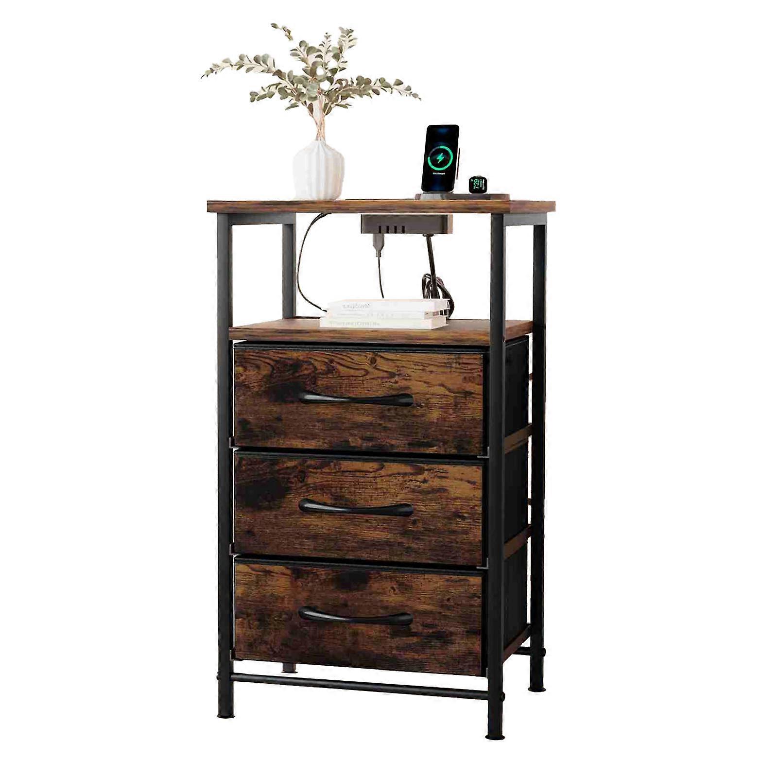 Brown Bedside Table 15.35x11.8x25.59in with LED Light, 35lbs Load