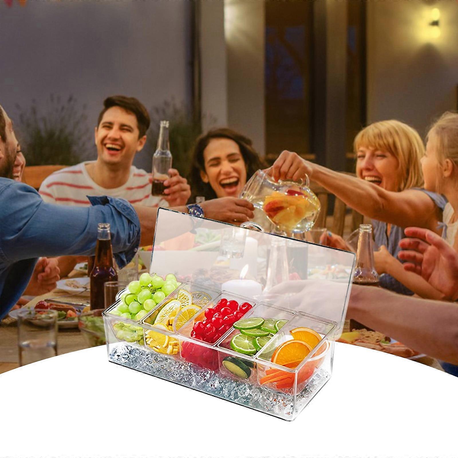 Tepsmf Chilled Condiment Server with Lid, Clear Garnish Tray for Bar/Parties, 5 Removable Compartments, Ice Bowl, Fruit Serving Caddy