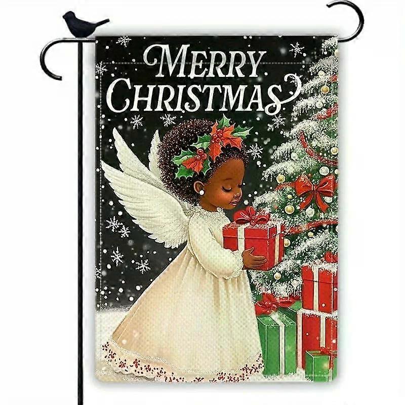 דגל גן חג המולד דו צדדי, ילדה שחורה, מלאך חג המולד, דגל גן חג המולד, 12x18 אינץ', חצר אפרו-אמריקאית דתית