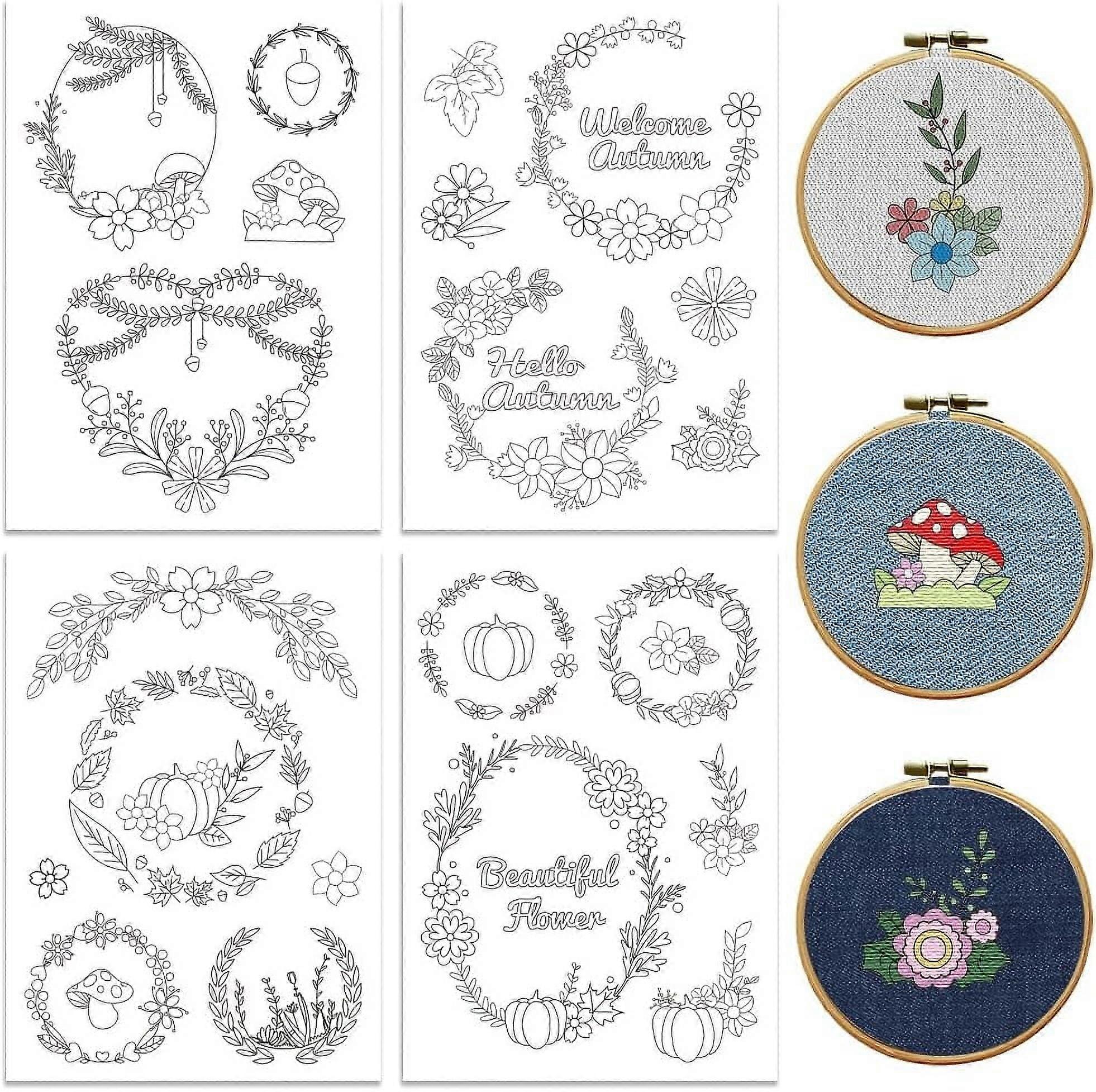 Water Soluble Embroidery Patterns for Beginners, 4 Sheets 33pcs Hello Autumn Wreath Wash-Away Stabilizer, compatible with hand sewing