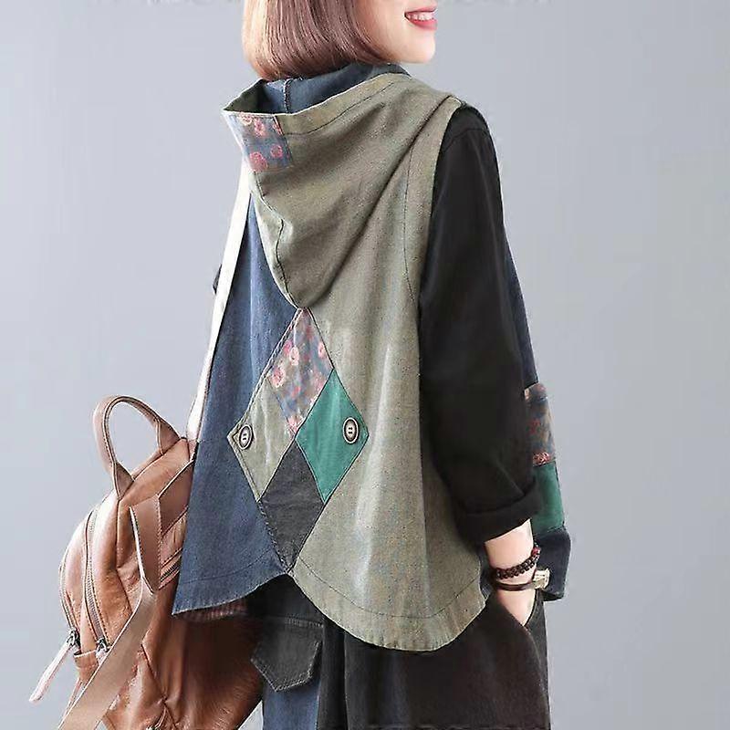 Large Size Women's Summer Patchwork Print Denim Vests