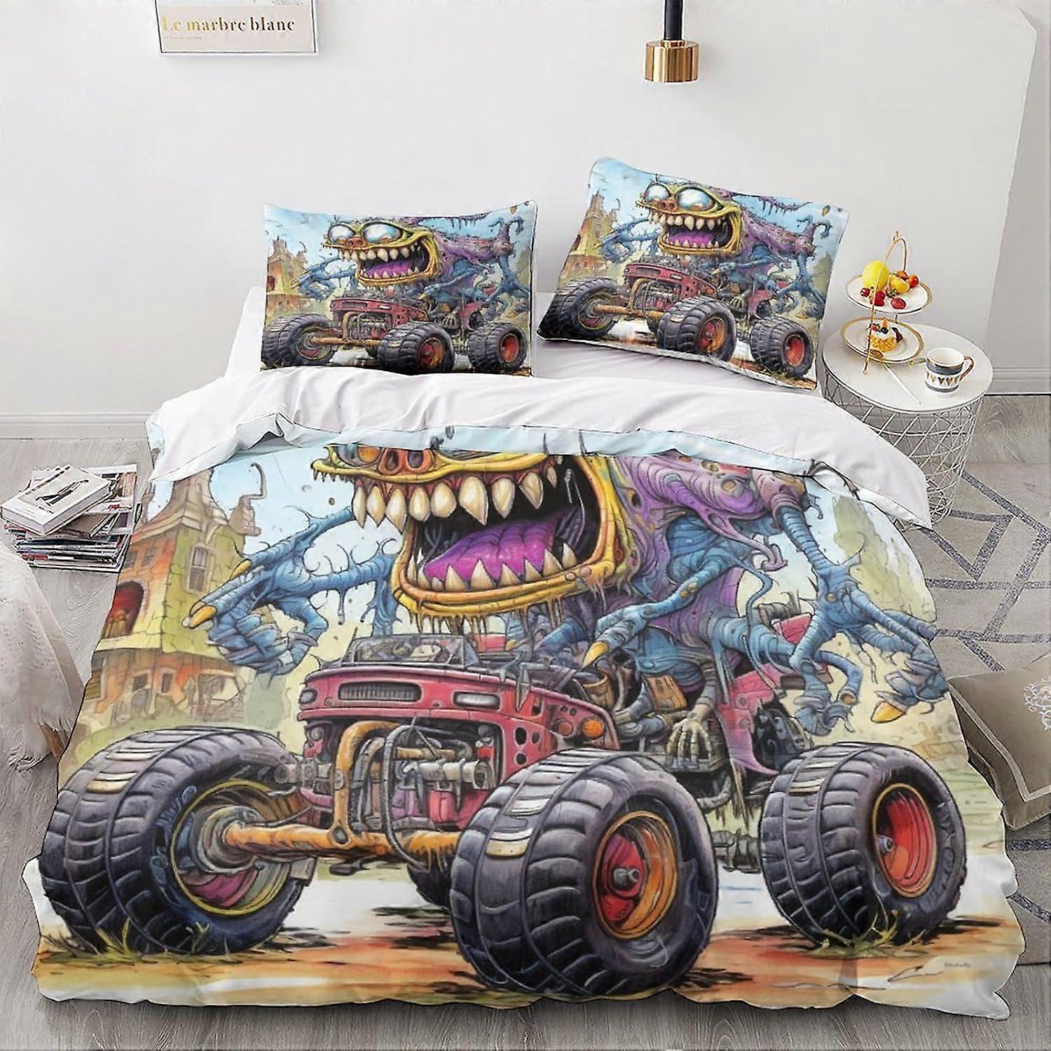 LikeEj Monster Duvet Capa Cartoon Print Design Roupa de Cama Set Microfibra Macia com Fechamento com Zíper Vintage Car Quilt Cover Fraschas Rei