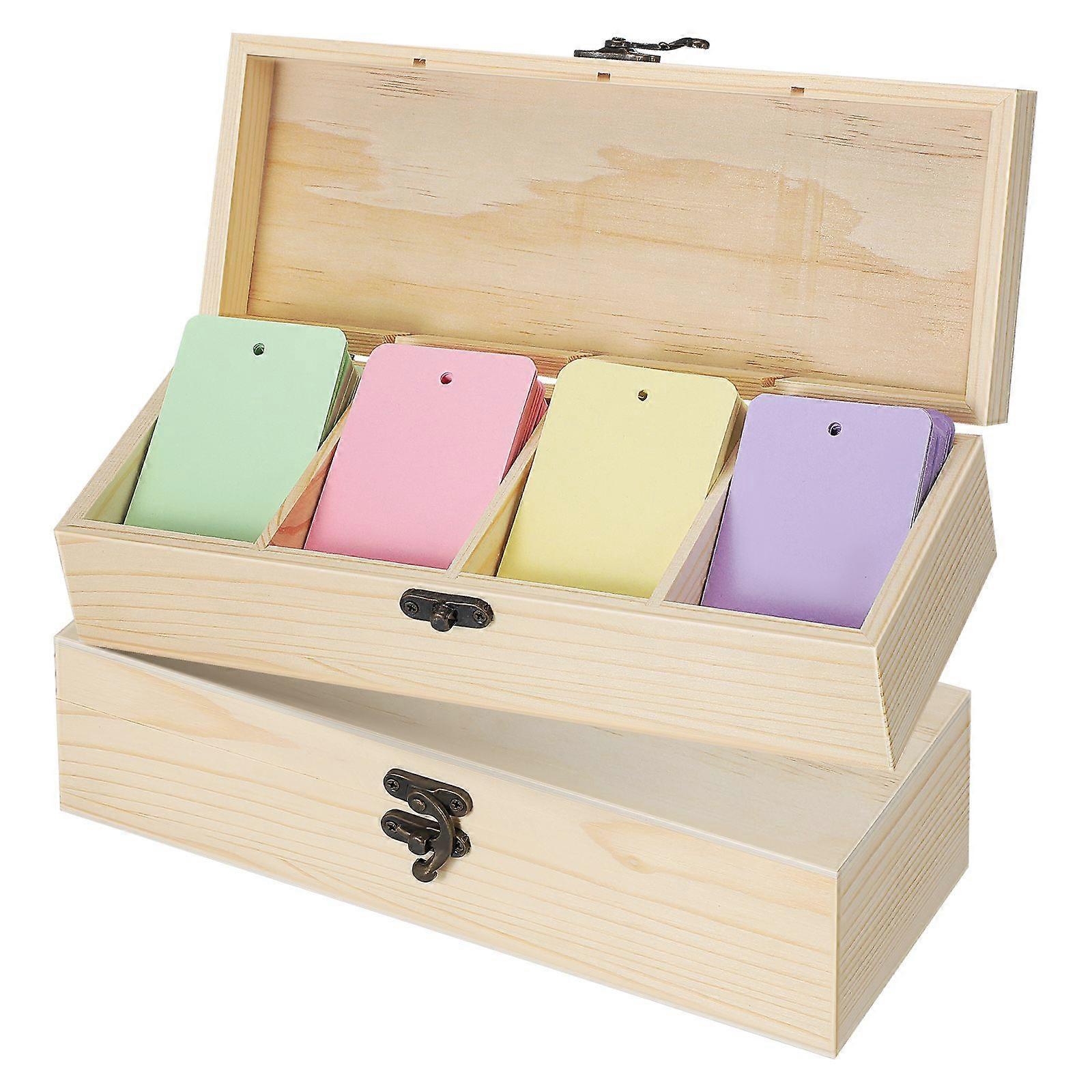 2 Pcs Divided Storage Organizer: Wood Container with 4 Compartments - Wooden Card Holder Case for Mini Notepads and Keepsakes